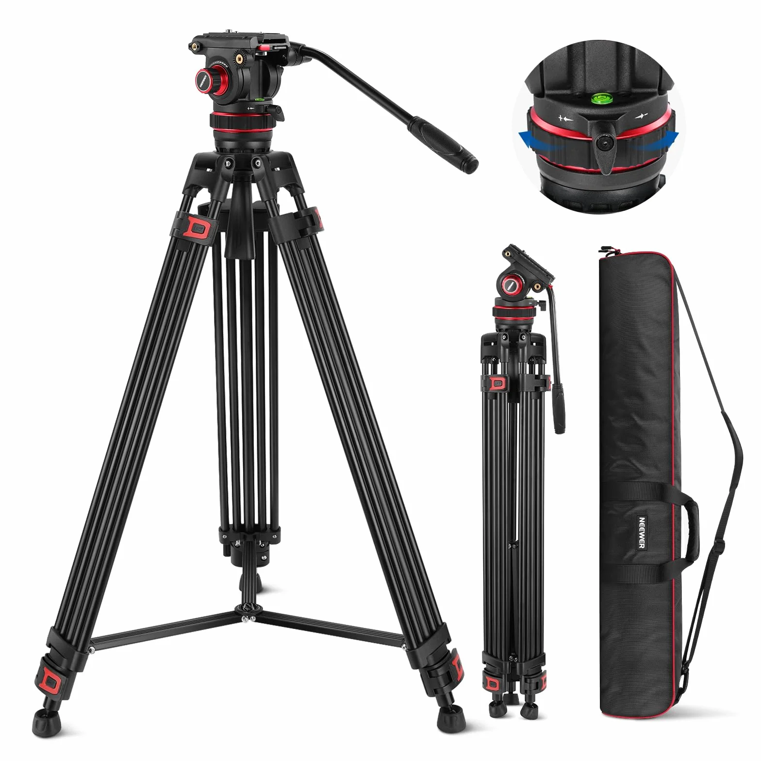 NEEWER 74" Pro statyw wideo z regulowaną amortyzacją, metalowa płyta QR Dual Mode, kompatybilny z DJI RS Gimbals Manfrotto, elastyczny obrót o 360° i nachylenie +90°/-75°, maksymalne obciążenie 10 kg,