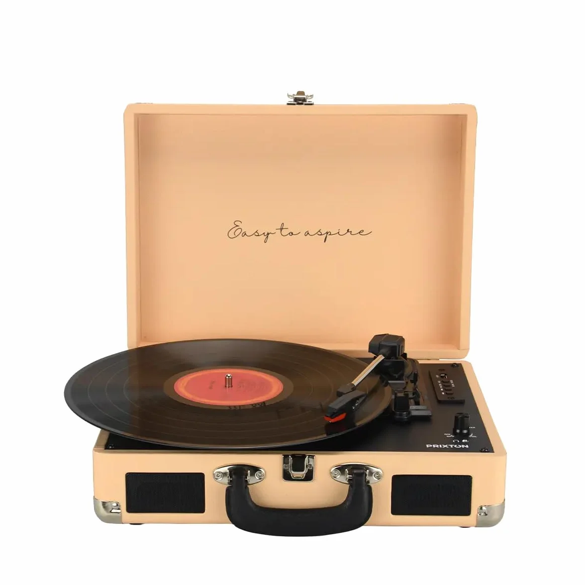PRIXTON VC400 odtwarzacz płyt winylowych w stylu vintage, odtwarzacz winylu, odtwarzacz muzyki przez Bluetooth i USB, 2 wbudowane głośniki, konstrukcja walizki, pomarańczowy