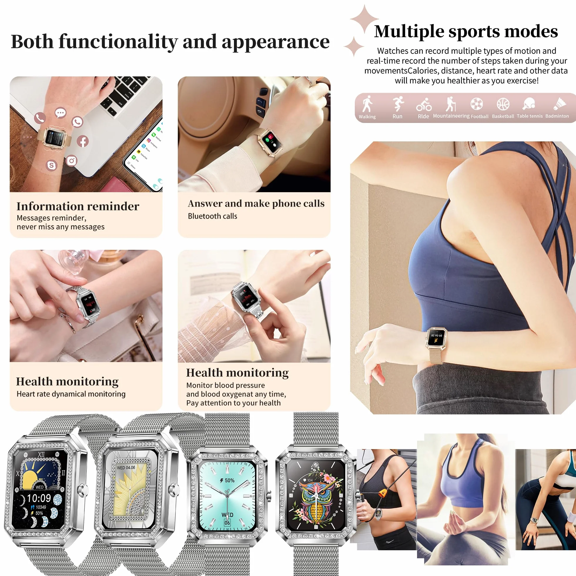 Smartwatch Inteligentny Zegarek Pani z Połączeniami, 1,59" Wodoodporny Smart Watch Sportowy Krokometr Pulsometr Ciśnienie Krwi Bransoletka Aktywność Cyfrowy Zegarek dla IOS Android (srebrny)