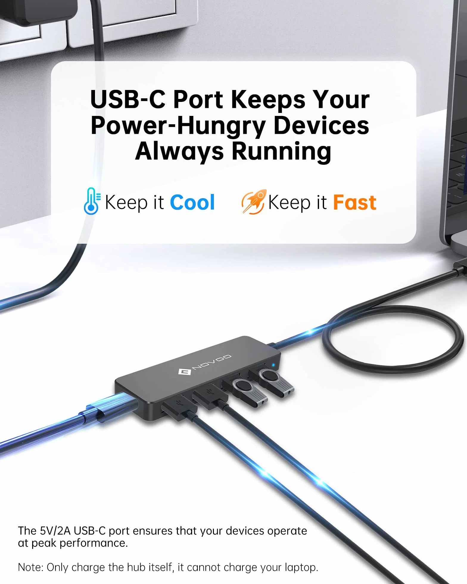 NOVOO USB C Hub 4-porty USB 3.0, Transfer danych 5 Gbit/s, Port zasilania USB 5 V/2 A, 60cm przedłużony kabel, Hub USB dla MacBooka, Laptop, mobilny dysk twardy
