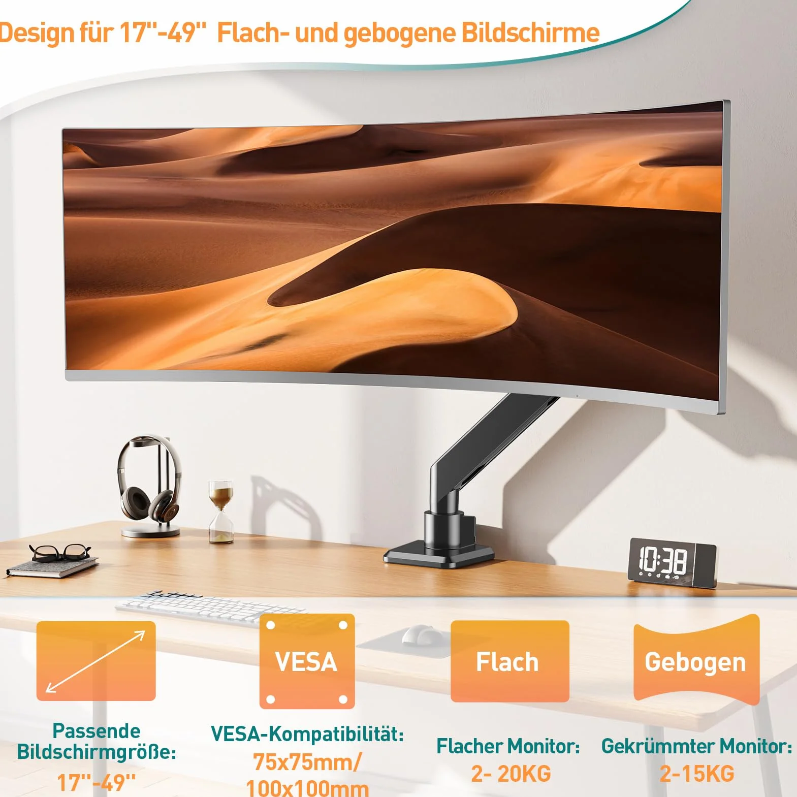 ELIVED EV3227 Ultrawide ramię monitora do ekranu o przekątnej maks. 49 cali, wytrzymały uchwyt biurkowy do monitora 2-20 kg, stojak na komputer ze sprężyną gazową, VESA 75 i 100 mm z zaciskiem i