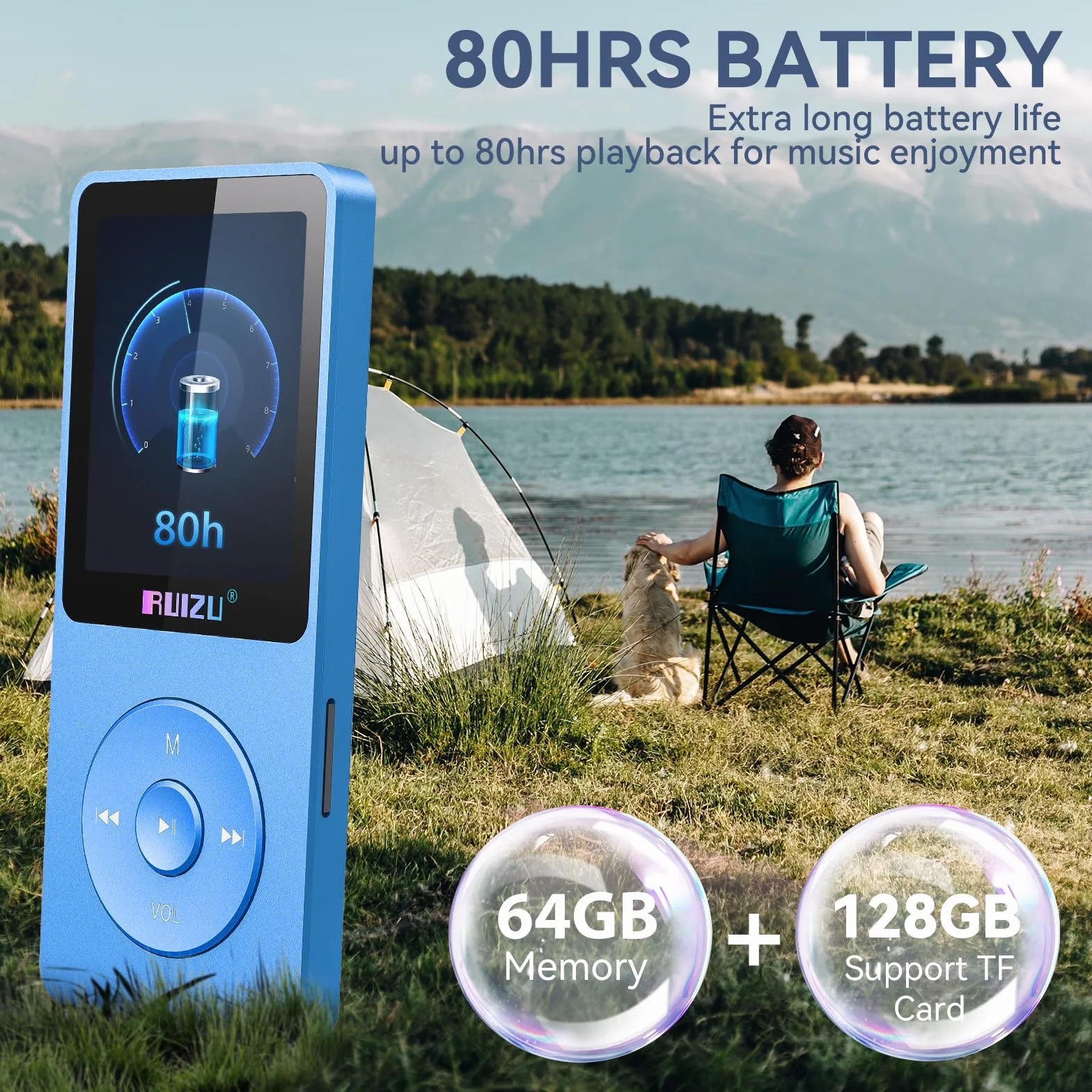 Odtwarzacz MP3 64GB z Bluetooth 5.3, super lekki (30 g), czas pracy do 80 godzin, ekran 1,8", idealny do uprawiania sportu, dla dzieci i dorosłych, obsługuje karty TF do 128 GB.