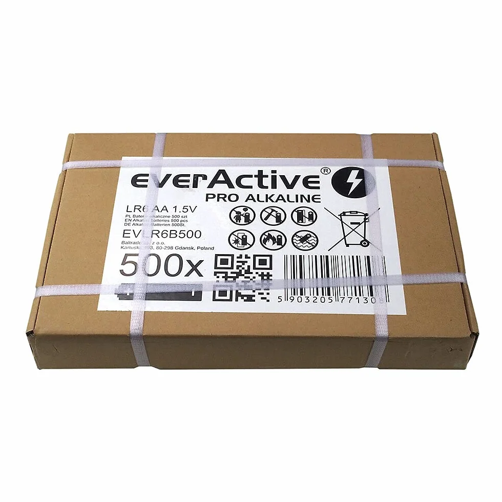 everActive AA baterie alkaliczne, 500 sztuk, Mignon LR6 R6 1,5 V, najwyższa wydajność, 10 lat trwałości, 500 sztuk