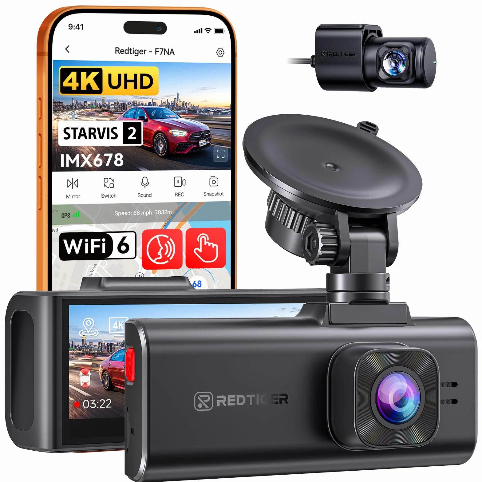 REDTIGER F7NA Podwójna kamera samochodowa 4K, STARVIS 2 IMX678, 8 MP, 5 GHz WiFi (szybkie pobieranie 20 MB/s), 4K przód 1080P z tyłu, GPS, sterowanie głosowe, WDR, noktowizor HDR, tryb parkowania 24H
