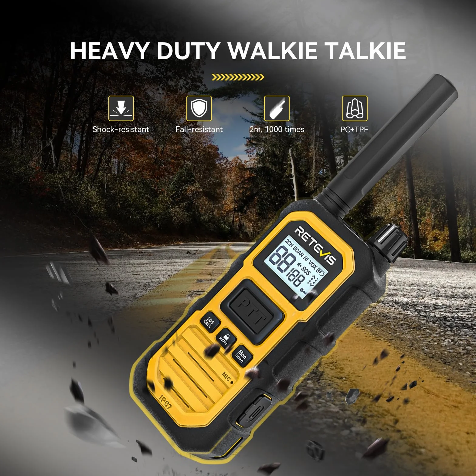 Retevis RB648 Plus Walkie-Talkie Dalekiego Zasięgu, Wodoodporne Radio Dwukierunkowe IP67, Łatwe Parowanie, 2000 mAh, Profesjonalny Walkie Talkie na Kemping (2 Szt. Żółty)