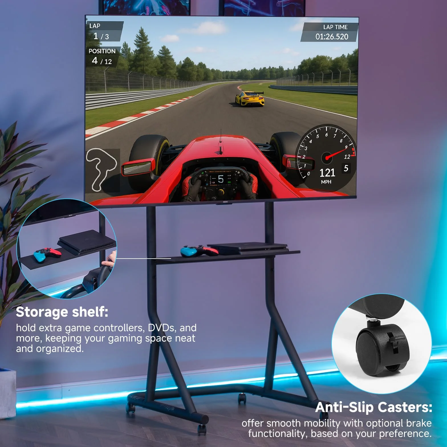 GTPLAYER Uchwyt na monitor do symulatora wyścigu, regulowana wysokość z kółkami do telewizorów i monitorów od 32 do 65 cali, uchwyt na pojedynczy ekran do symulacji kokpitu
