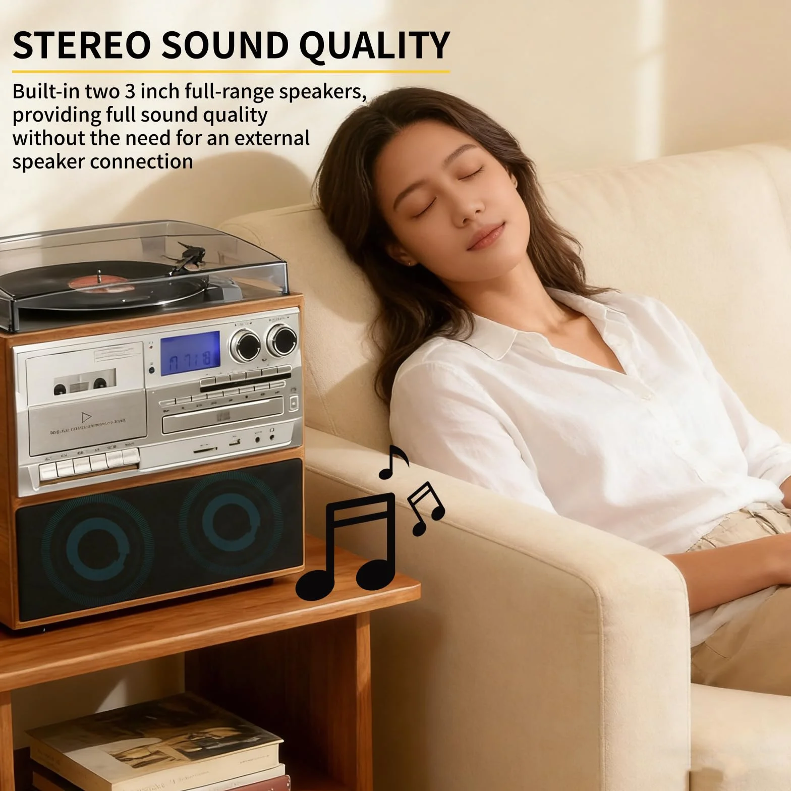 Gramofon i centrum multimedialne, 3-biegowy gramofon z wbudowanym odtwarzaczem CD i kasetowym, radio FM, bezprzewodowe przesyłanie muzyki, do domowej rozrywki w stylu vintage