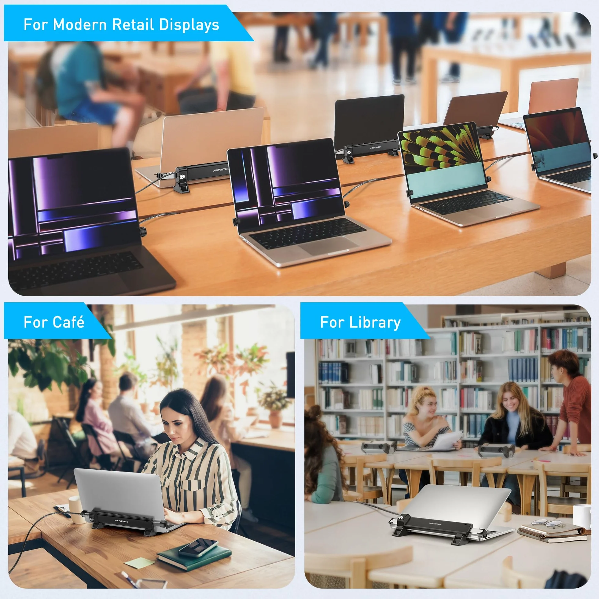 AboveTEK MacBook & Surface Stacja blokująca do laptopa z kablem Combo Lock, antykradzieżowa, składany uchwyt na biurko, regulowany i przenośny, pasuje do laptopów/notebooków 30.5 cm-40.6 cm, czarna