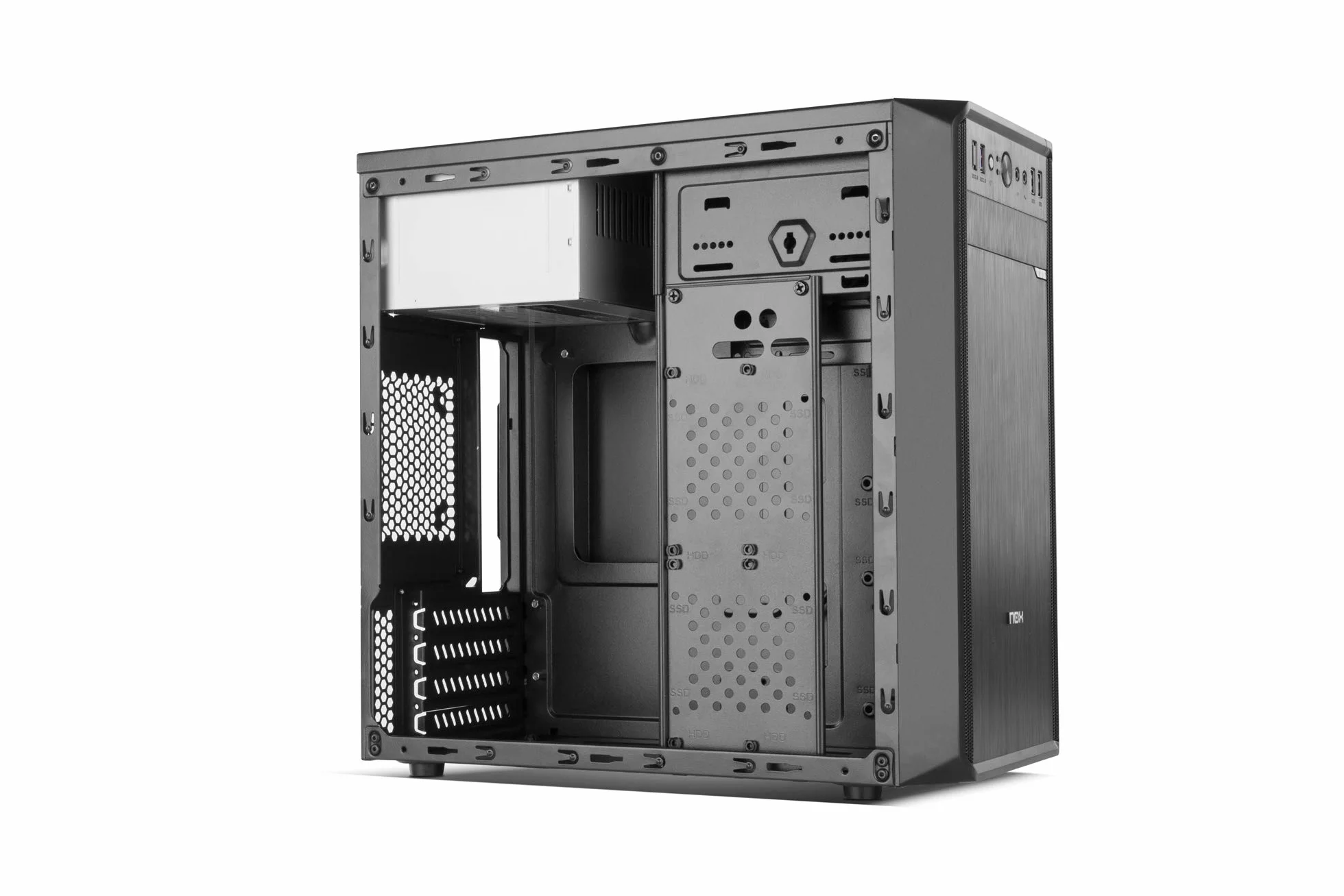 NOX LITE030 -NXLITE030 - obudowa PC, szczotkowana przód, fabrycznie zainstalowany zasilacz ATX 500 W, kompatybilny z płytami ATX, Micro ITX, czarny