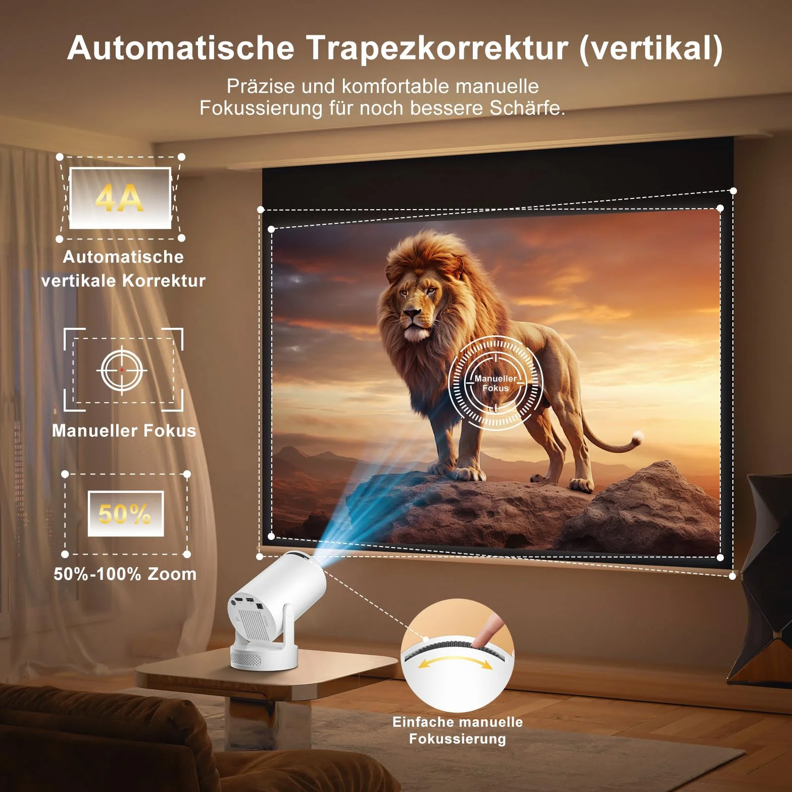 Salange Przenośny projektor 2026, mini projektor Pico, obsługuje 4K 1080P z WiFi 6 i Bluetooth 5.4, Android 14.0, obrót 180°, wbudowany głośnik HiFi 5 W, projektor kina domowego, biały