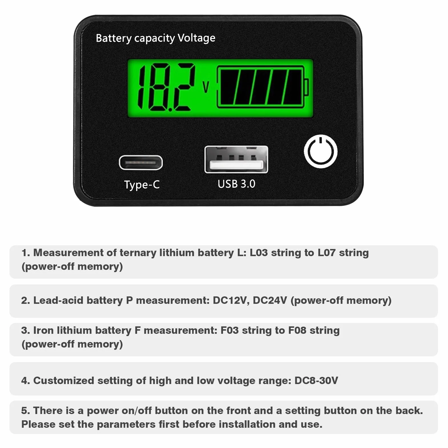 DEWIN Monitor pojemności akumulatora 12 V, pojemność baterii, woltomierz, monitor baterii, wskaźnik naładowania z interfejsem USB i USB C, 12 V, 24 V, wskaźnik baterii ołowiowo-litowej