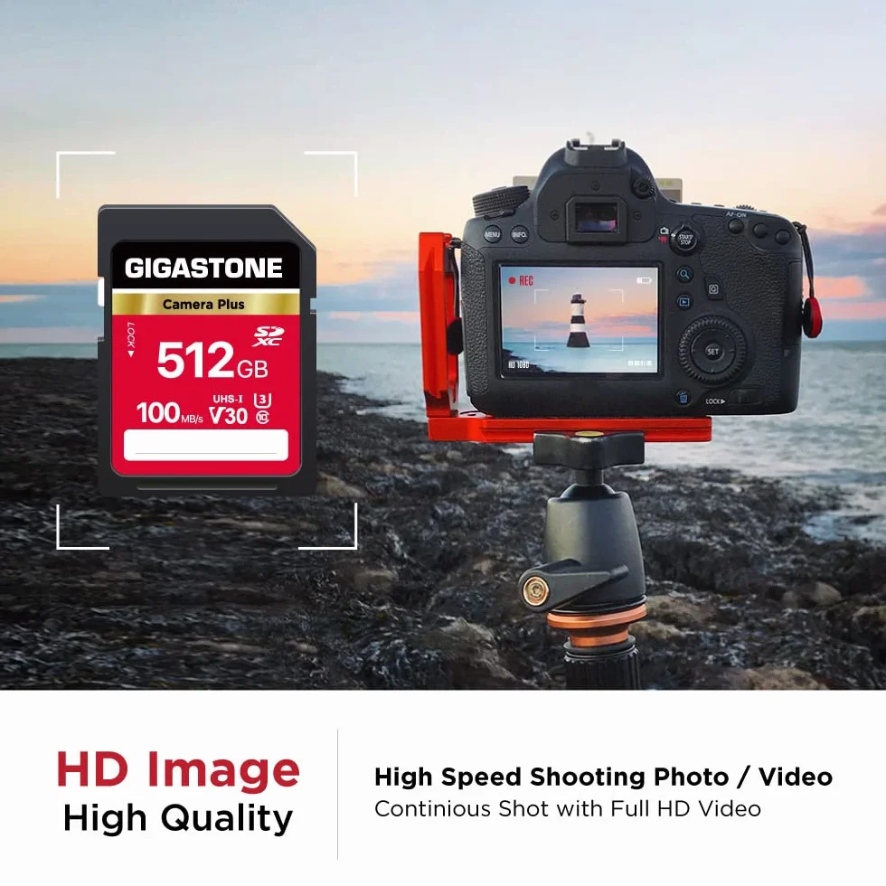 Gigastone Karta SD 512 GB, Camera Plus, V30 SDXC karta pamięci High Speed UHD Video kompatybilna z aparatem cyfrowym Canon Nikon Sony Pentax Kodak Olympus Panasonic, z 1 mini etui