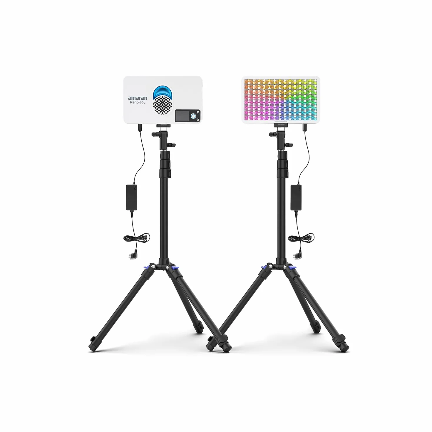 amaran Pano 60c 2-Light Kit 60 W RGBWW zestaw lamp panelowych pełnokolorowych, 22.220 lx @ 0,5 m, zasilanie USB-C PD, w zestawie softboxy, siatki, dyfuzory, statywy i torba do przenoszenia fotografii