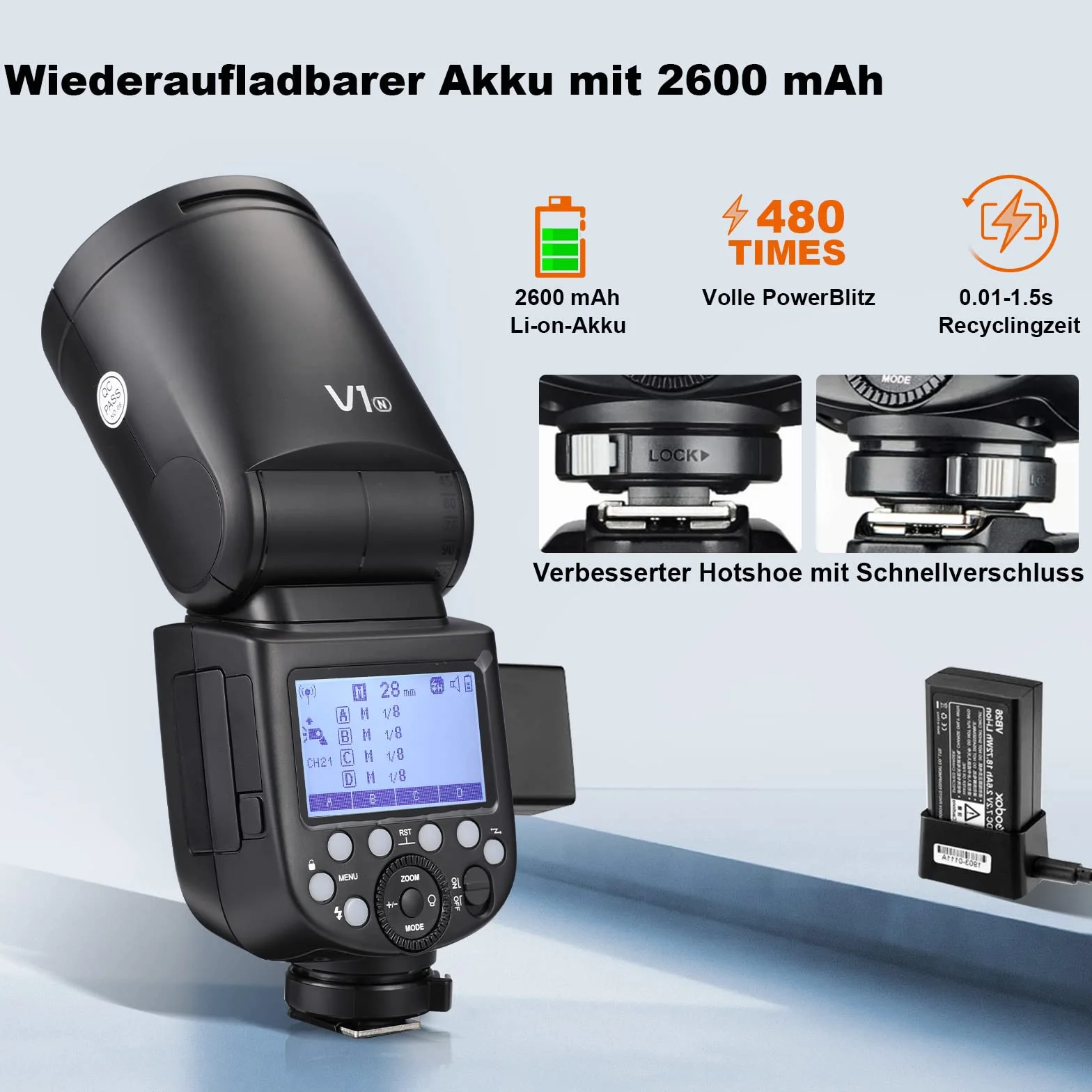 Godox Zestaw V1-S TTL okrągła głowica lampy błyskowej, lampa błyskowa 2,4G 1/8000 HSS Speedlite 76 W z baterią i akcesoriami GODOX AK-R1, głowica Speedlight kompatybilna z lustrzanką Sony