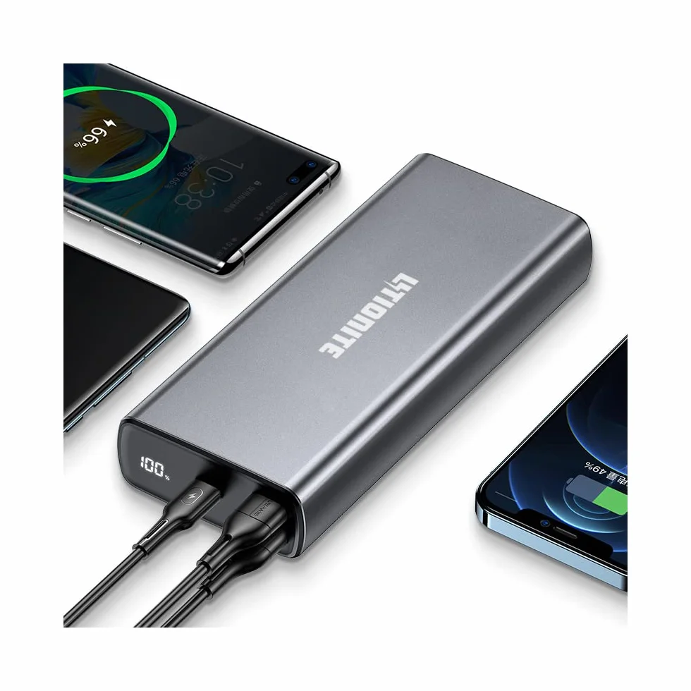 LITIONITE Capsule 65W / 30.000mAh Power Bank z aluminium PD3.0 USB Type-C (65W Max) - 2x USB-A (Quick Charge 3.0) - Przenośna bateria zewnętrzna do laptopa/MacBook/Surface/Smartphone/Tablet