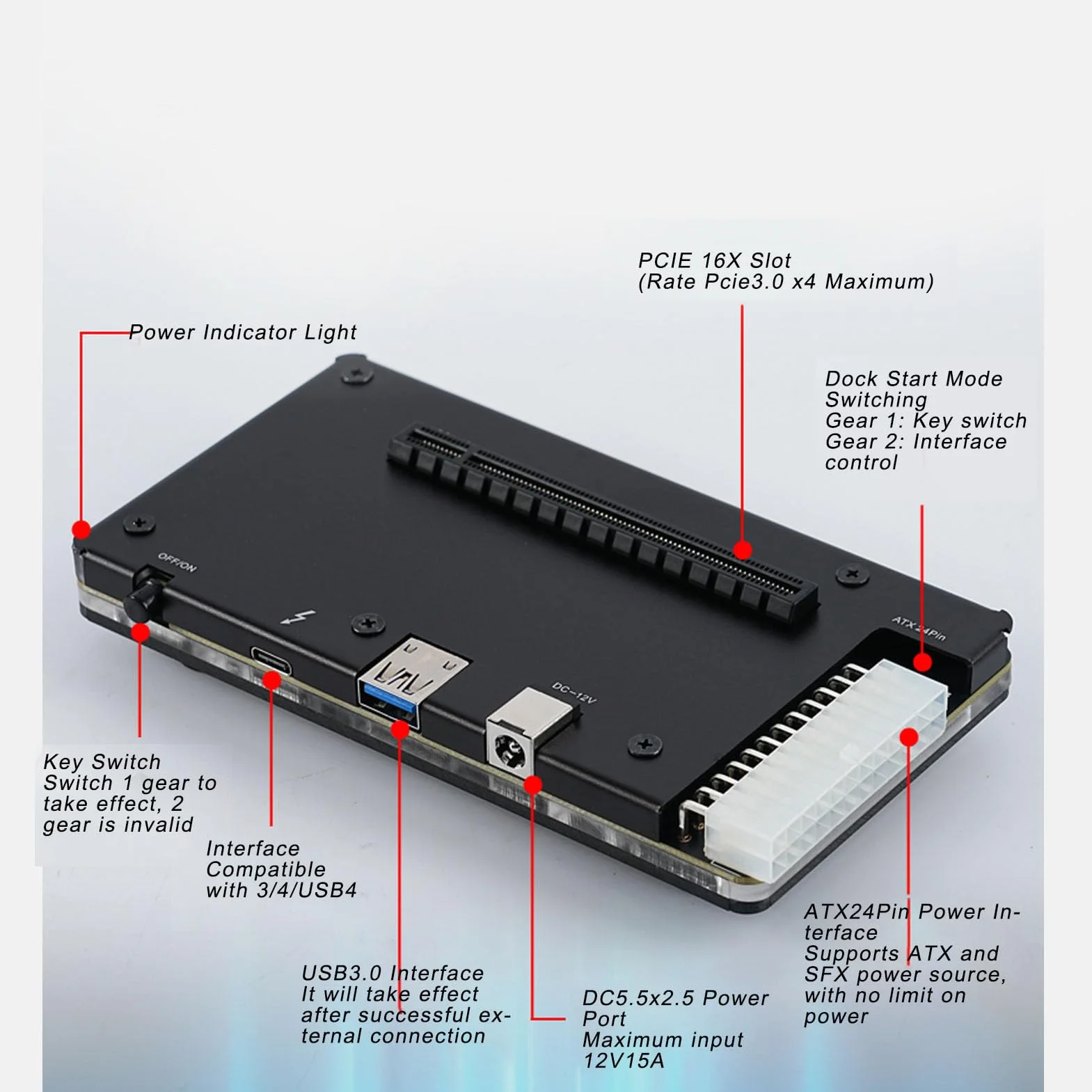 Luocute Stacja Dokująca Karty Graficznej, Zewnętrzna Stacja Dokująca GPU z Gniazdem PCIE 16X Interfejs ATX24Pin Kabel Danych 1 M Wspornik ATX