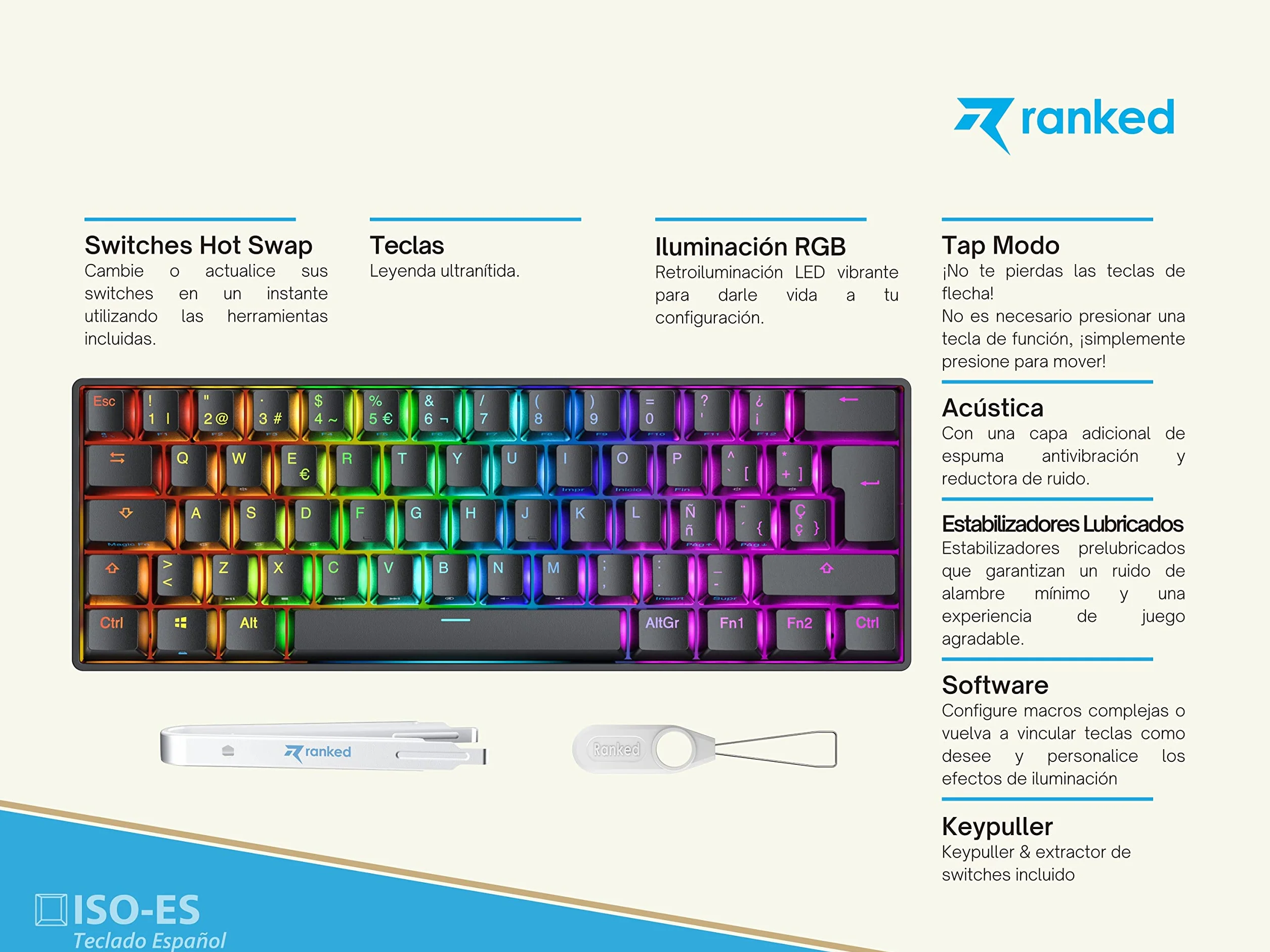 Ranked N60 Nova 60%| Mechaniczna Klawiatura do Gier | 62 Klawiszy Podświetlenia RGB | PC/MAC Gamer | Układ hiszpański QWERTY ISO ES (Czarny, Gateron Blue)
