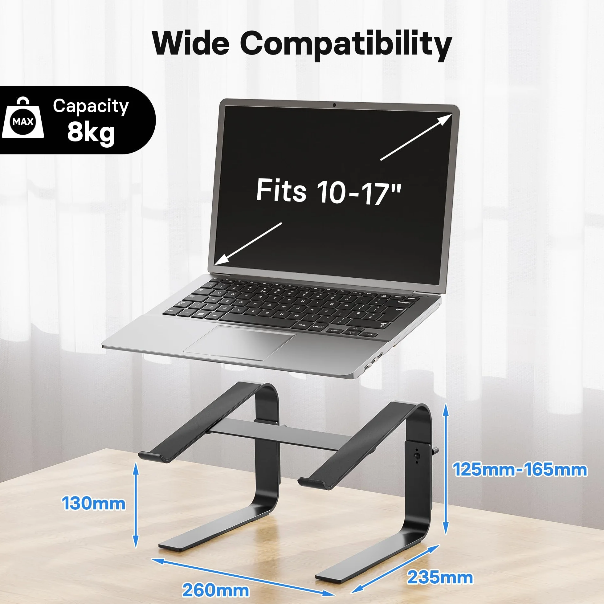 BONTEC Stojak na Laptopa 10-17", Regulowana Wysokość 125-165mm, Ergonomiczny Uchwyt, Odprowadzanie Ciepła