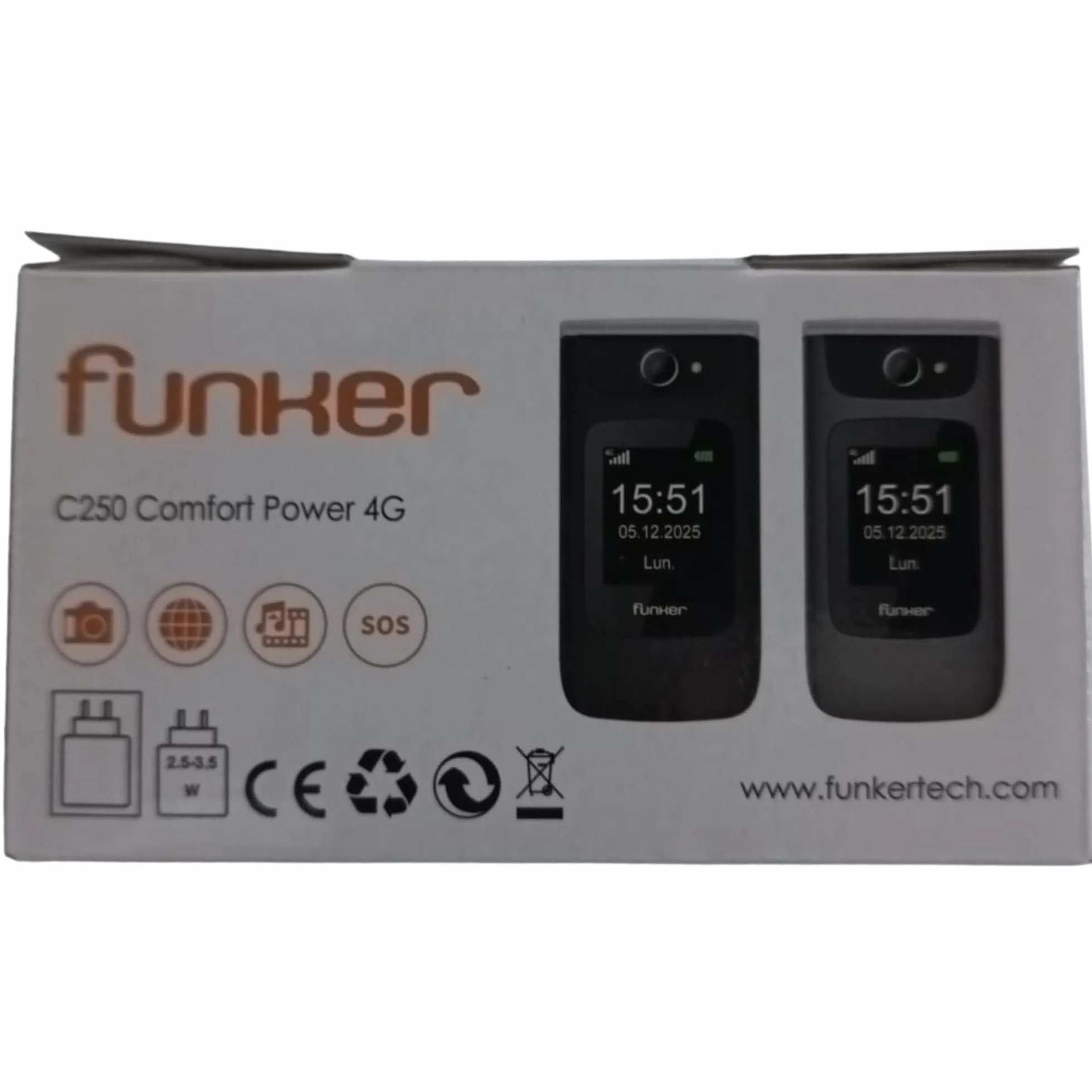 Funker C250 Comfort Power 4G - telefon komórkowy z klapką dla seniorów, stacja ładująca, klawiatura o wysokim kontraście, przycisk SOS, łatwy w użyciu, 3 bezpośrednie wspomnienia, bateria 1450 mAh