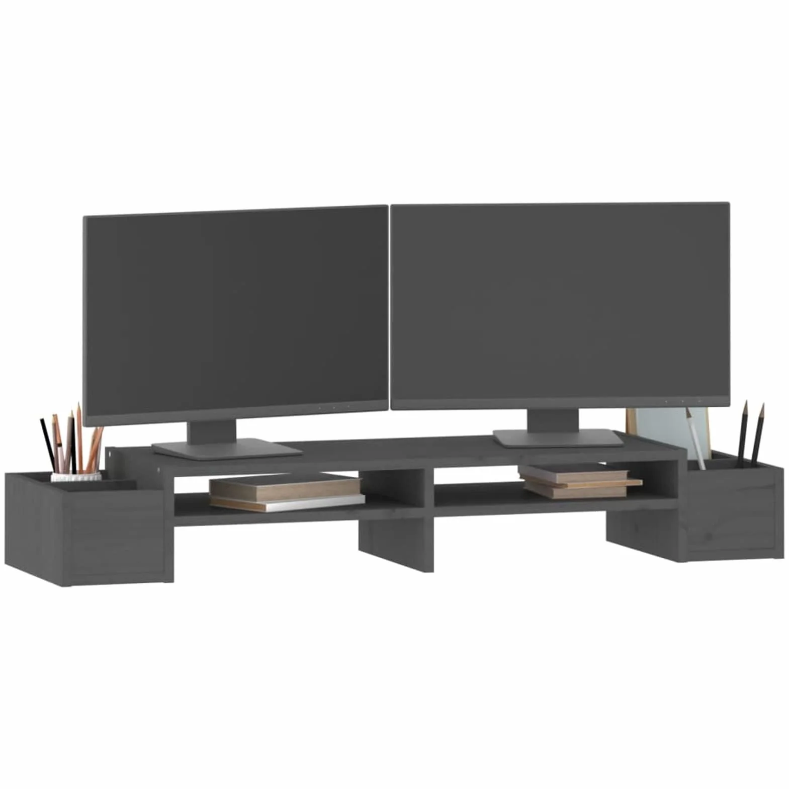 ShGaxin Stojak na monitor, stojak na ekran komputera, stojak na monitor biurko, akcesoria biurowe, akcesoria biurkowe, podstawa monitora, lite drewno sosnowe szare 100 x 27,5 x 15 cm