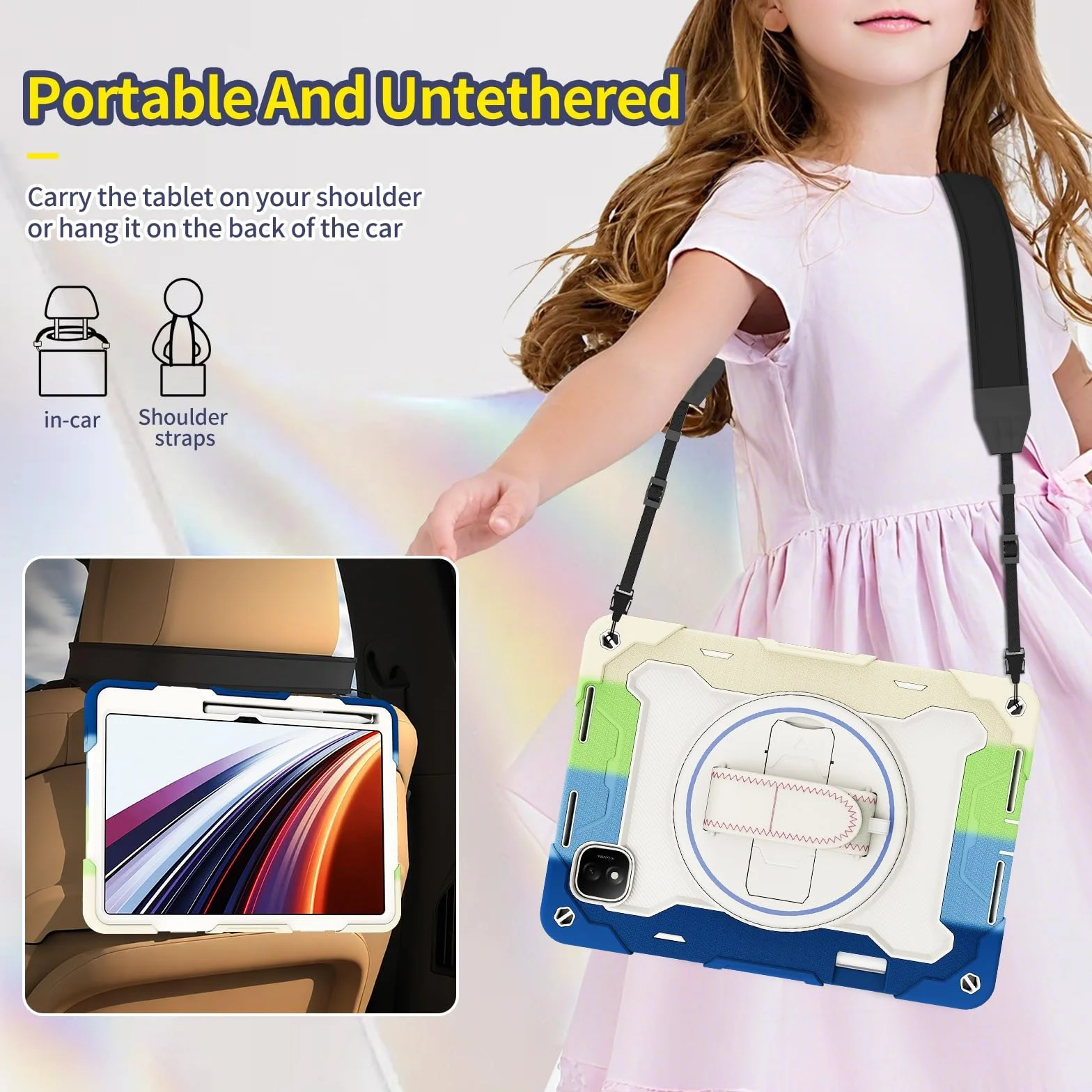 Odporne na wstrząsy etui do Honor Pad GT Pro 31.2 cm / MagicPad 2 31.2 cm, etui dla dzieci, etui z TPU, podpórka, wytrzymały pokrowiec ochronny z paskiem na rękę (niebieski)