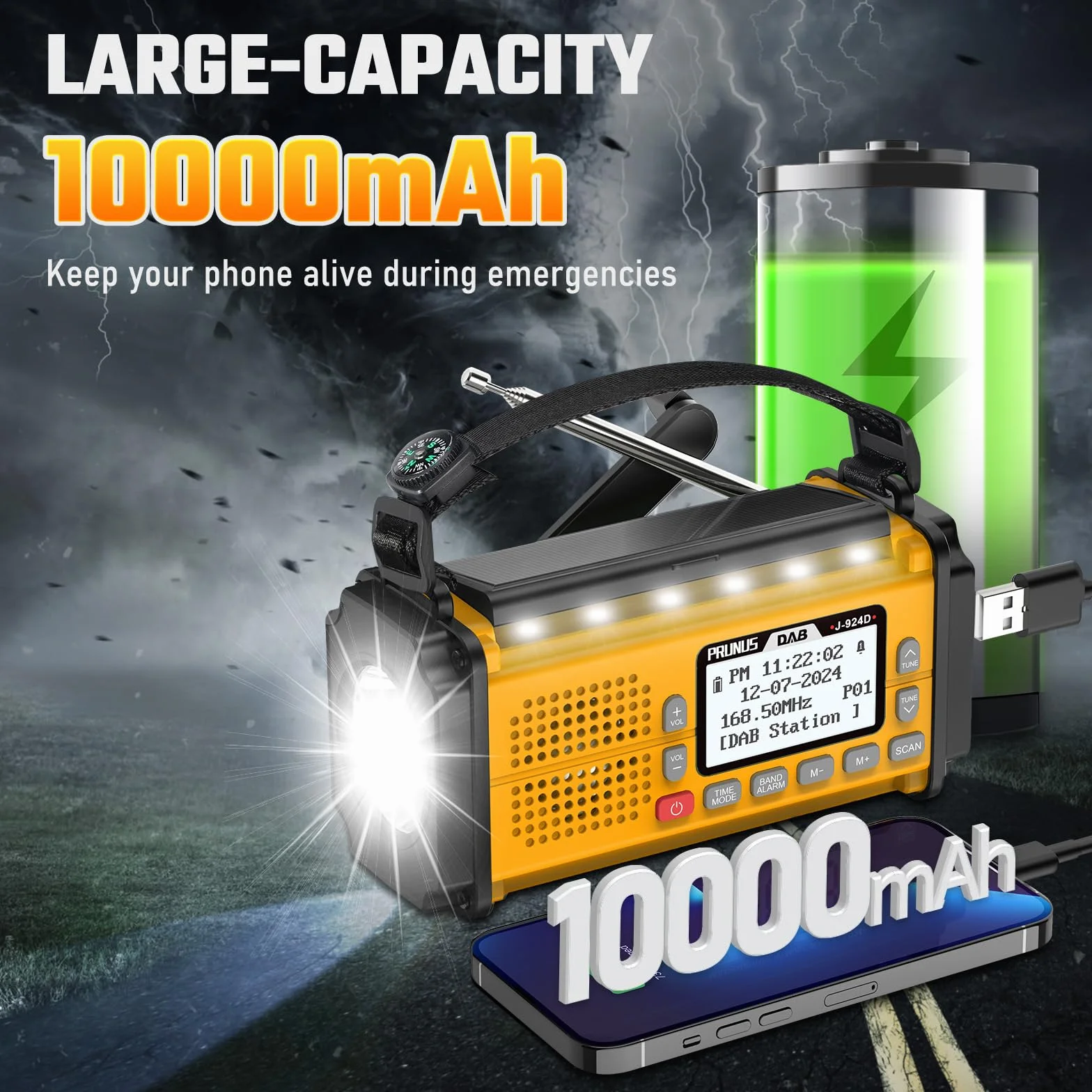 J-924 DAB przenośne radio słoneczne FM, radiolina z korbą Dynamo | z baterią 10000 mAh, radiem bateryjnym z latarką i światłem do czytania/alarmem SOS do Ourdoor, awaryjne (żółte)