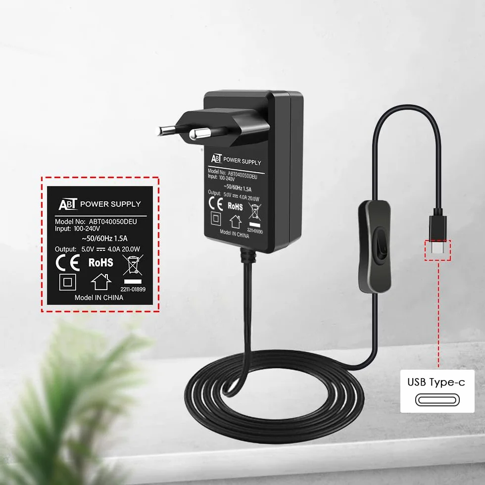 GeeekPi Zasilacz USB C 5V 4A 20W z włącznikiem do Raspberry Pi 4 Model B 8GB/4GB/2GB/1GB, adapter micro USB do Pi 3B+/3B