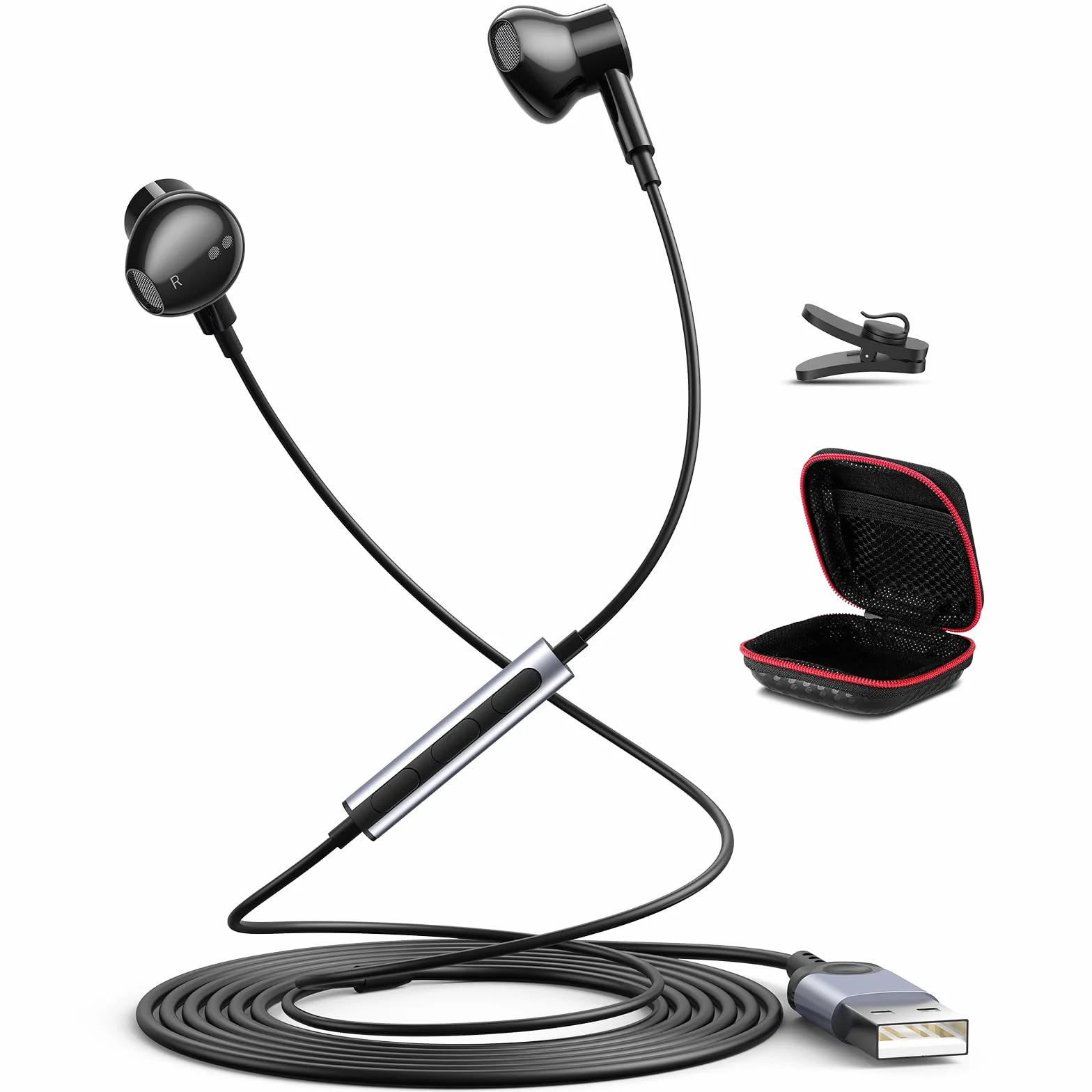 Słuchawki USB do komputera, laptopa, magnetyczne, przewodowe, 2,3 m, zestaw słuchawkowy do komputera z mikrofonem, wyciszenie, izolacja szumów, przewód w uchu, słuchawki gamingowe do MacBooka