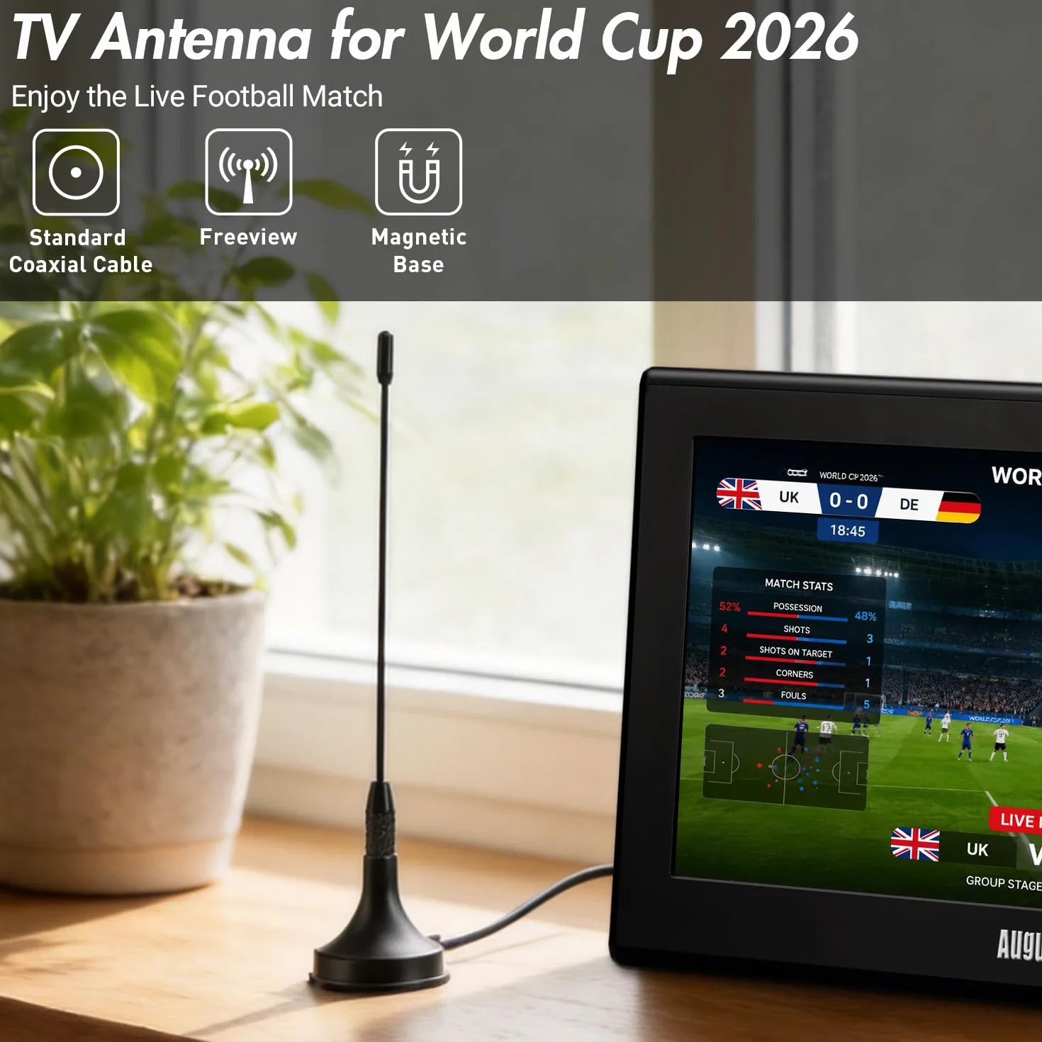 August DTA180 Przenośna antena telewizyjna, mini wewnętrzna antena Freeview HD do DVB-T2, tunerów USB, telewizorów 4K, dekoderów - podstawa magnetyczna, kabel koncentryczny 1,5 m, czarna