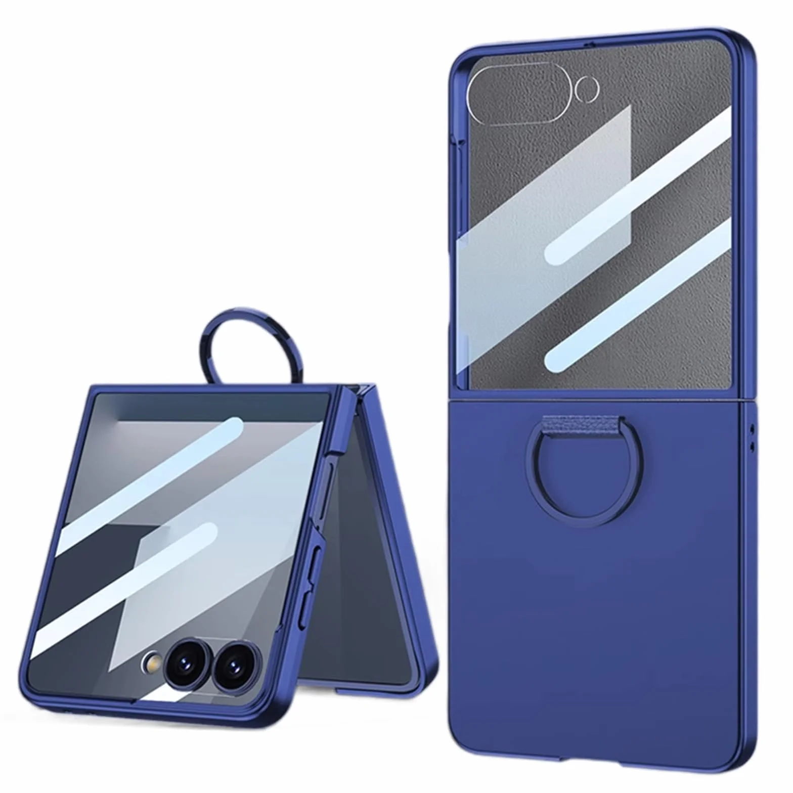 Etui do Samsung Galaxy Z Flip 7, osłona ekranu ze szkła hartowanego, etui na telefon z uchwytem pierścieniowym, stojak, smukłe twarde tworzywo PC, odporne na wstrząsy, niebieskie