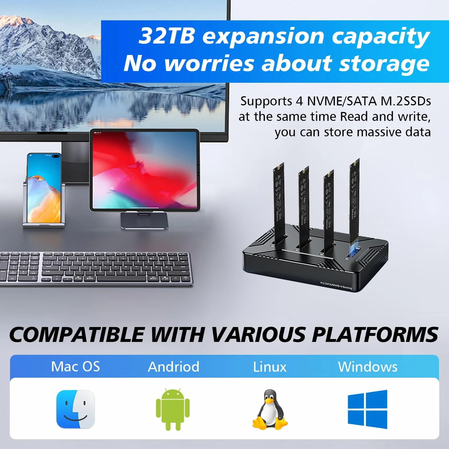 M.2 NVME SATA SSD stacja dokująca, USB 3.2 Gen 2 10 Gbps M2 SSD stacja dokująca do M-Key B+M Key, 4 Bay Stacja dokująca do dysków twardych 2230 2242 2260 2280 SSD, aluminiowy adapter dysków twardych