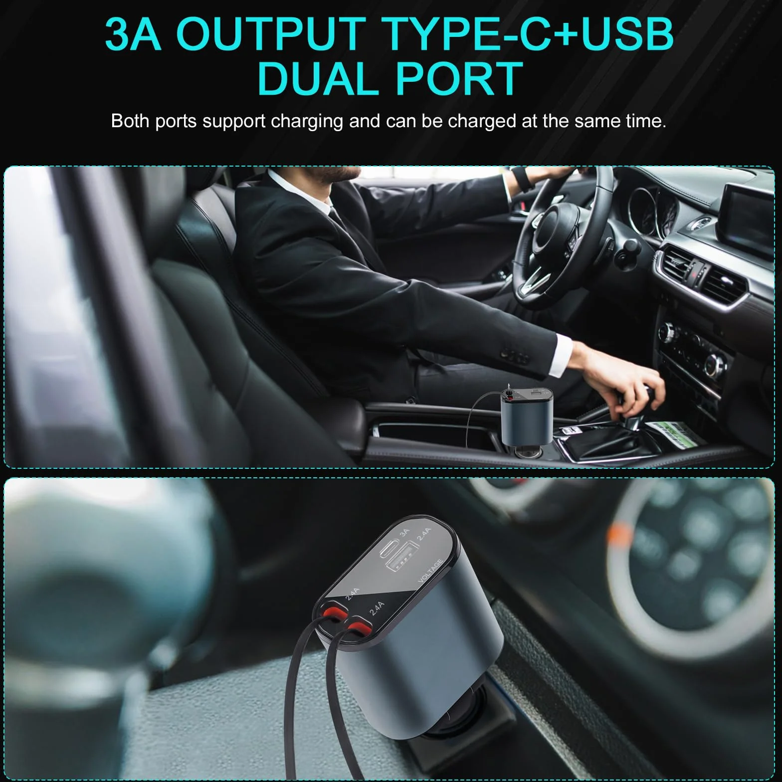 AXFEE Wysuwana ładowarka samochodowa, szybka ładowarka samochodowa 4 w 1, kompatybilna z iPhone'em 14, 13, 12, 11 Pro Max/Mini/XS/X/8/7/6/SE, z 2 chowanymi kablami Lightn-ing, ładowarka samochodowa do