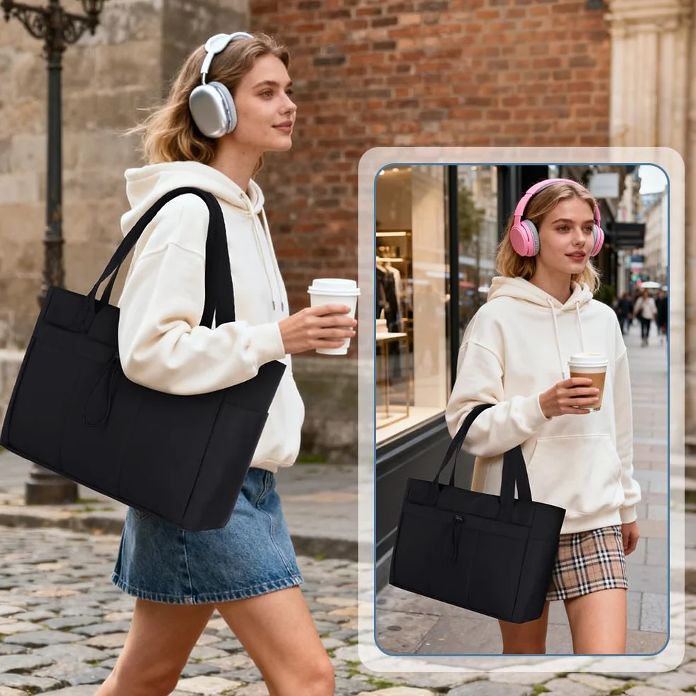 Aucuu Torba typu tote dla kobiet, pikowana torba na ramię z przegródkami na laptopa 15,6 cala, do podróży, pracy, szkoły, siłowni