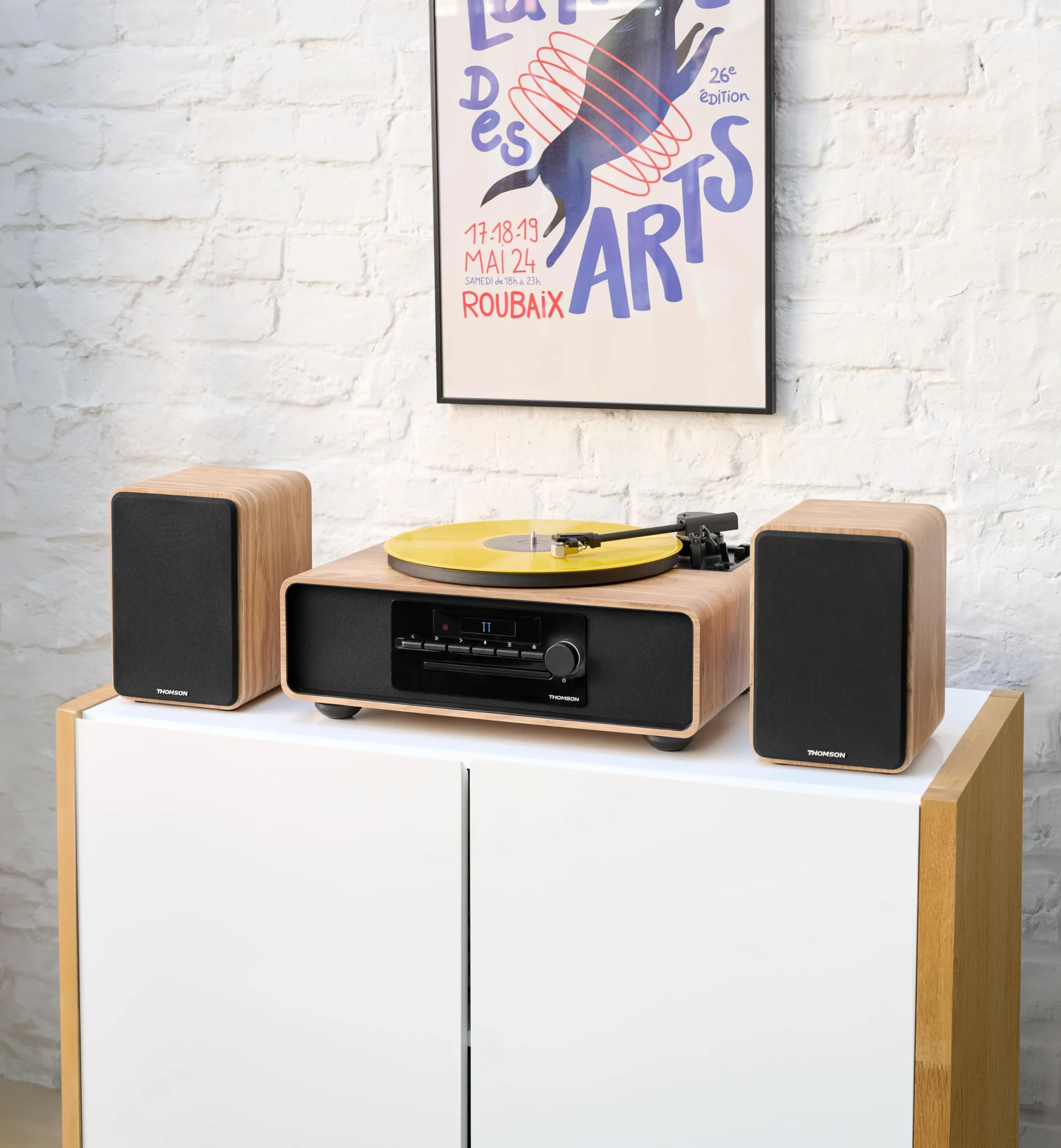 Microsistema Bluetooth con giradischi - THOMSON - Nero/Legno - Radio FM/CD/MP3/USB, 60W, Giradischi, Equalizzatore, Alimentazione 230V