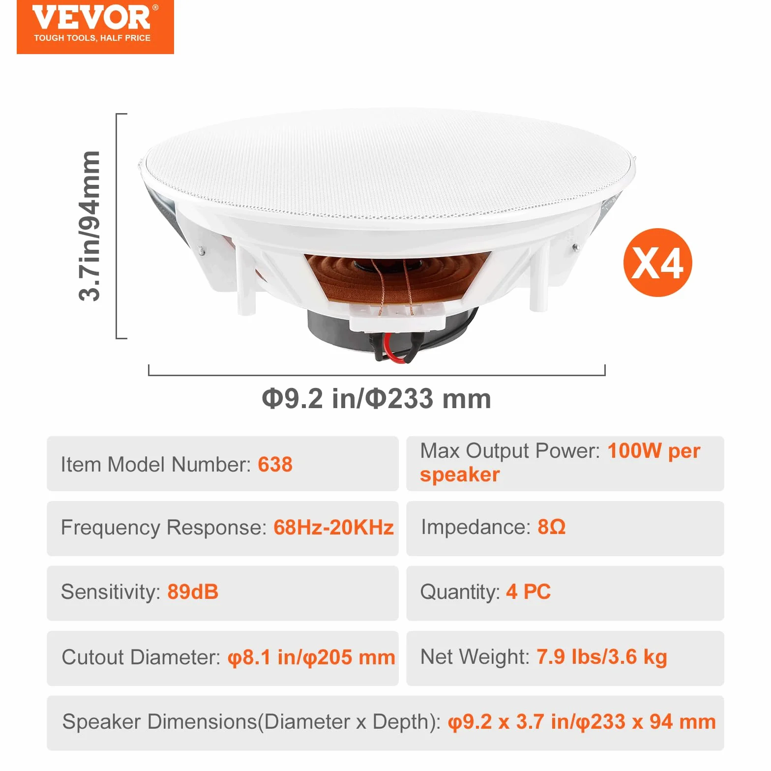 VEVOR Głośniki sufitowe 205 mm, 100 W, system głośników sufitowych do montażu ściennego z ompedancją 8Ω Czułość 89 dB, do domu kuchni salonu na zewnątrz koce 4 sztuki