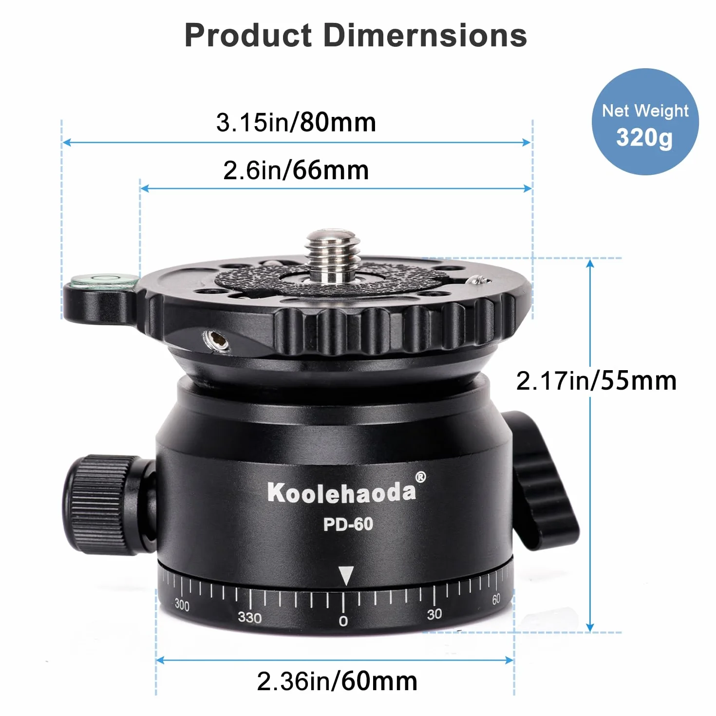 Koolehaoda Głowica poziomująca do aparatu, aluminiowa podstawa panoramiczna 360° frezowana CNC z gwintem 3/8" i przesuniętym poziomicą do głowicy wideo, statywów i monopodów (PD-60)