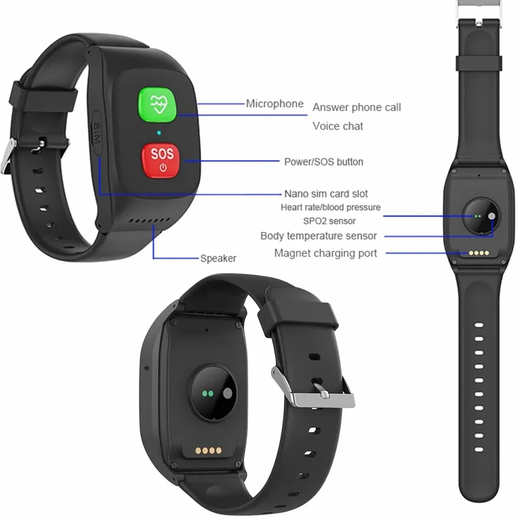 Inteligentny Zegarek Z Alarmem Dla Osób Starszych Fitness Tracker Z Przyciskiem Alarmowym SOS Wykrywanie Upadków I Śledzenie Lokalizacji GPS Wodoodporny 4G Połączenia Głosowe