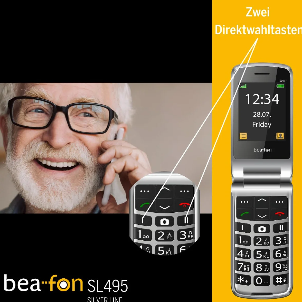 beafon, SL495, Silverline, telefon z klapką, telefon z przyciskiem, telefon komórkowy dla seniorów z przyciskiem alarmowym SOS, telefon komórkowy, wyświetlacz TFT 6,09 cm, aparat fotograficzny