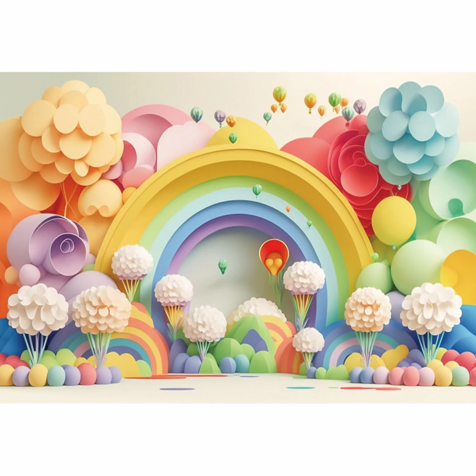 YongFoto Tło urodzinowe dla dzieci 4,5 x 3 m, kwiat balon na gorące powietrze, tęczowa girlanda, tło fotograficzne dla dzieci, noworodka, baby shower, przyjęcie, ciasto, stół, baner, tapeta, sesja