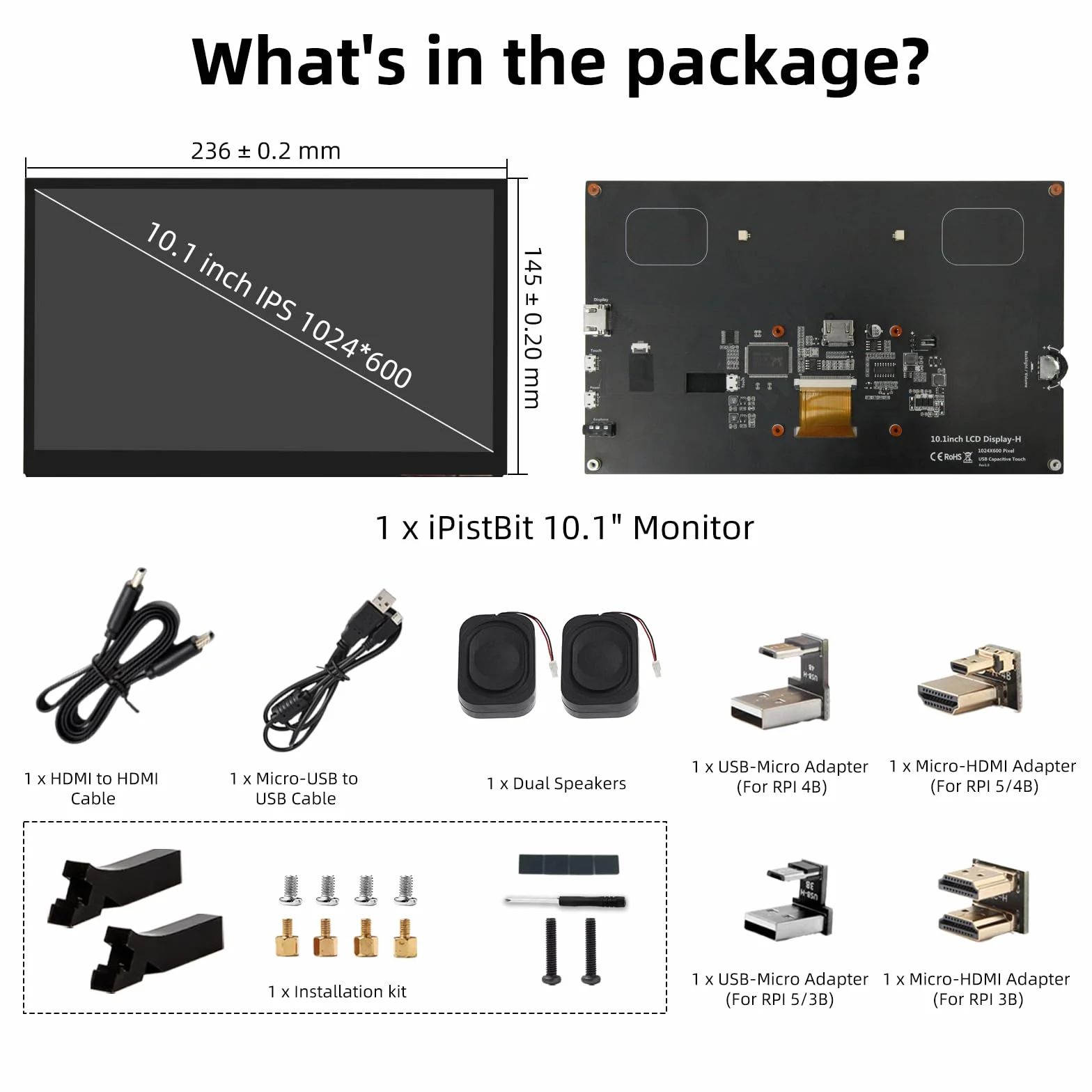 Ekran Raspberry Pi, 10,1 Cali Monitor Dotykowy, IPS 1024×600, Podwójne Wbudowane Głośniki, Przenośny Monitor HDMI Kompatybilny z Raspberry Pi 5/4/3/Zero, Bez Sterowników