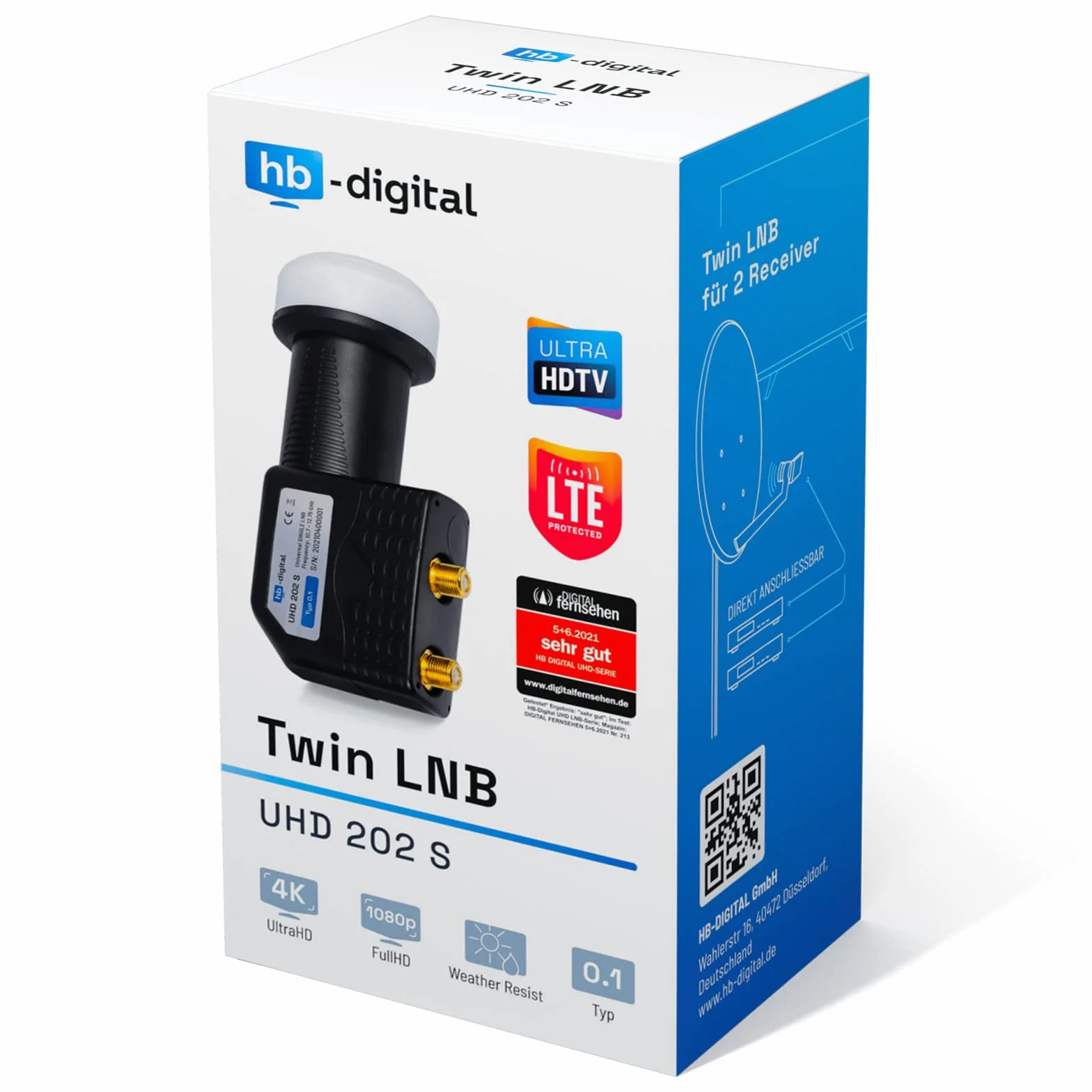 hb-digital Twin LNB - test bardzo dobry* - dla 2 uczestników filtr LTE 2-krotny Full HD 4K 0,1 dB z ochroną przed warunkami atmosferycznymi + 4 x wtyczka F do telewizora, odbiornika satelitarnego