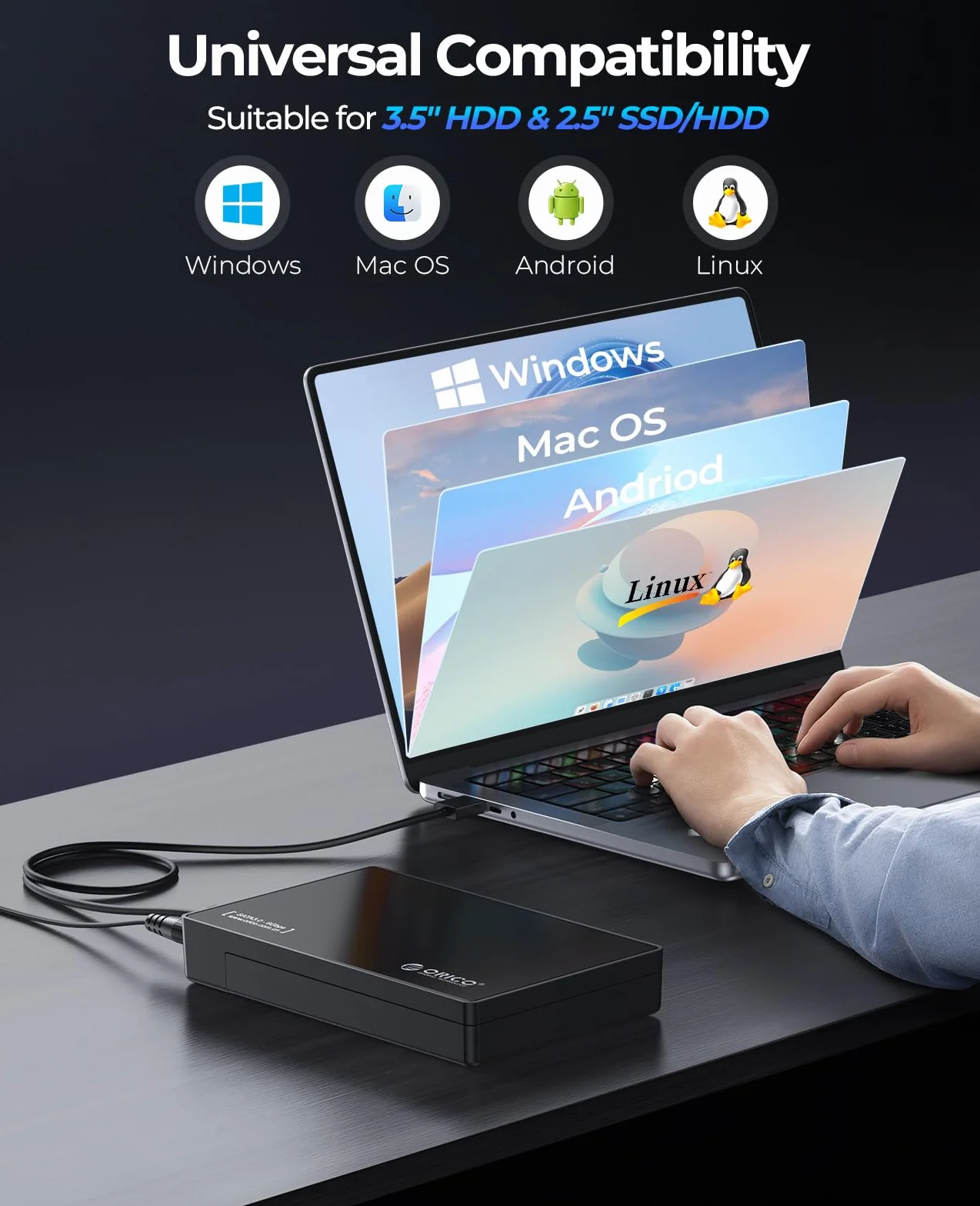 ORICO Zewnętrzna obudowa dysku twardego 3,5 cala SATA III do USB 3.1 typ C do instalacji HDD Obsługa dysków UASP i 16 TB - czarna