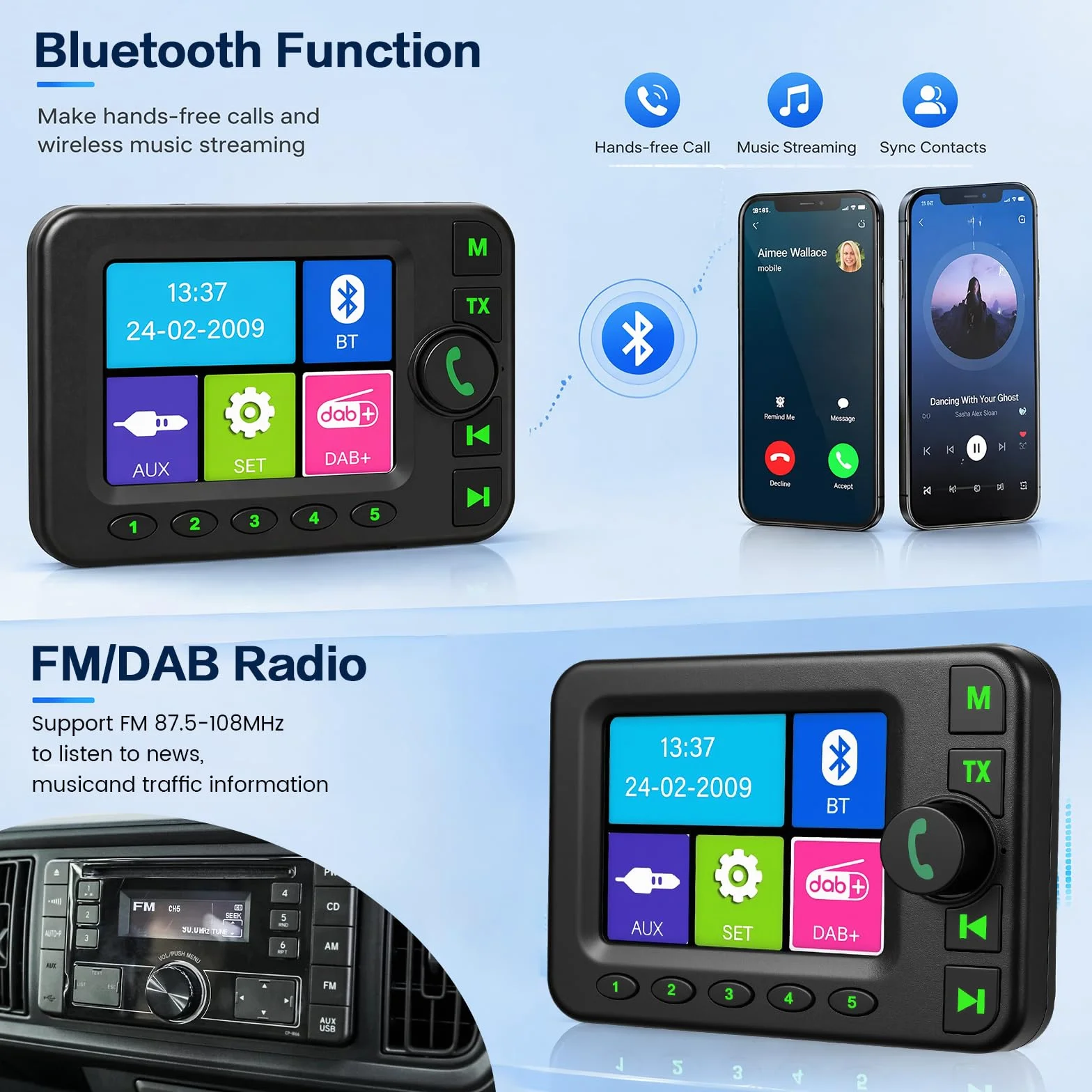 Inefala DAB+ adapter do radia samochodowego, kolorowy ekran LCD 2,8 cala z zestawem głośnomówiącym Bluetooth, nadajnik Dab, nadajnik FM, wejście AUX, odtwarzanie muzyki z kart TF, ładowarka