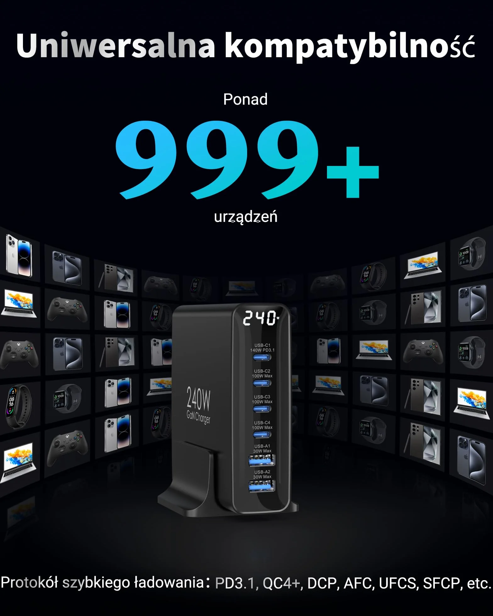 Ładowarka USB C 240W, 6 portów, Ładowarka PD3.1 GaN z wyświetlaczem LED, Stacja Szybkiego Ładowania na Biurko do MacBook Pro/Air, do iPhone Pro/iPad Pro/Dell XPS/Galaxy/laptopów i innych, Czarna