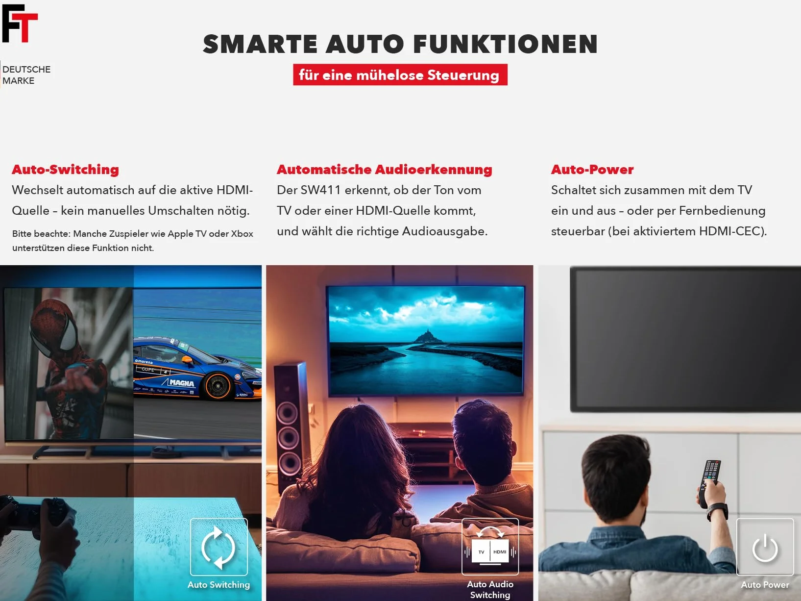 FeinTech SW411 HDMI 2.1 Switch 4 w 1 Out z ekstraktorem audio do systemów dźwiękowych z wejściem HDMI, Toslink i AUX, obsługuje 4K 120Hz i 8K