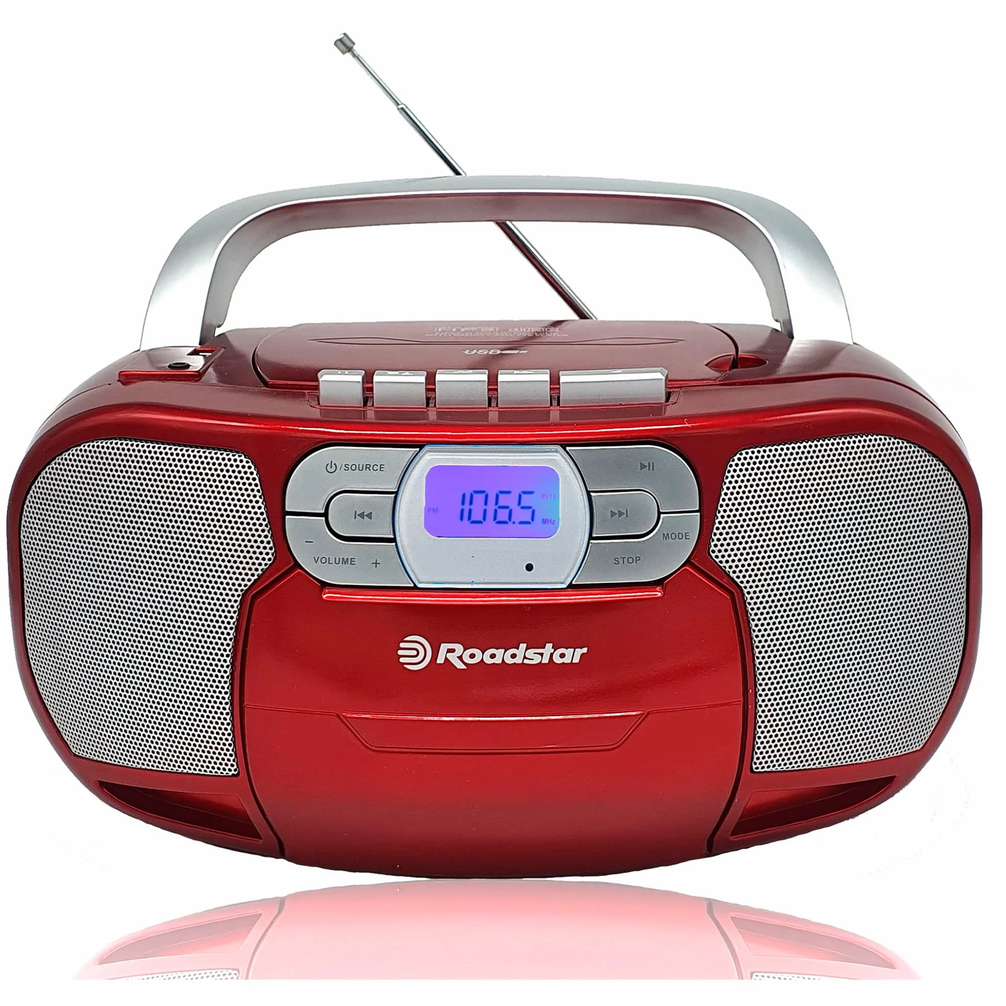 Roadstar RCR-4635UMP/RD Przenośny radio CD Kaseta, Radio cyfrowe PLL FM, Boombox Odtwarzacz CD-MP3, USB, AUX-IN, Wyjście słuchawkowe, Czerwony
