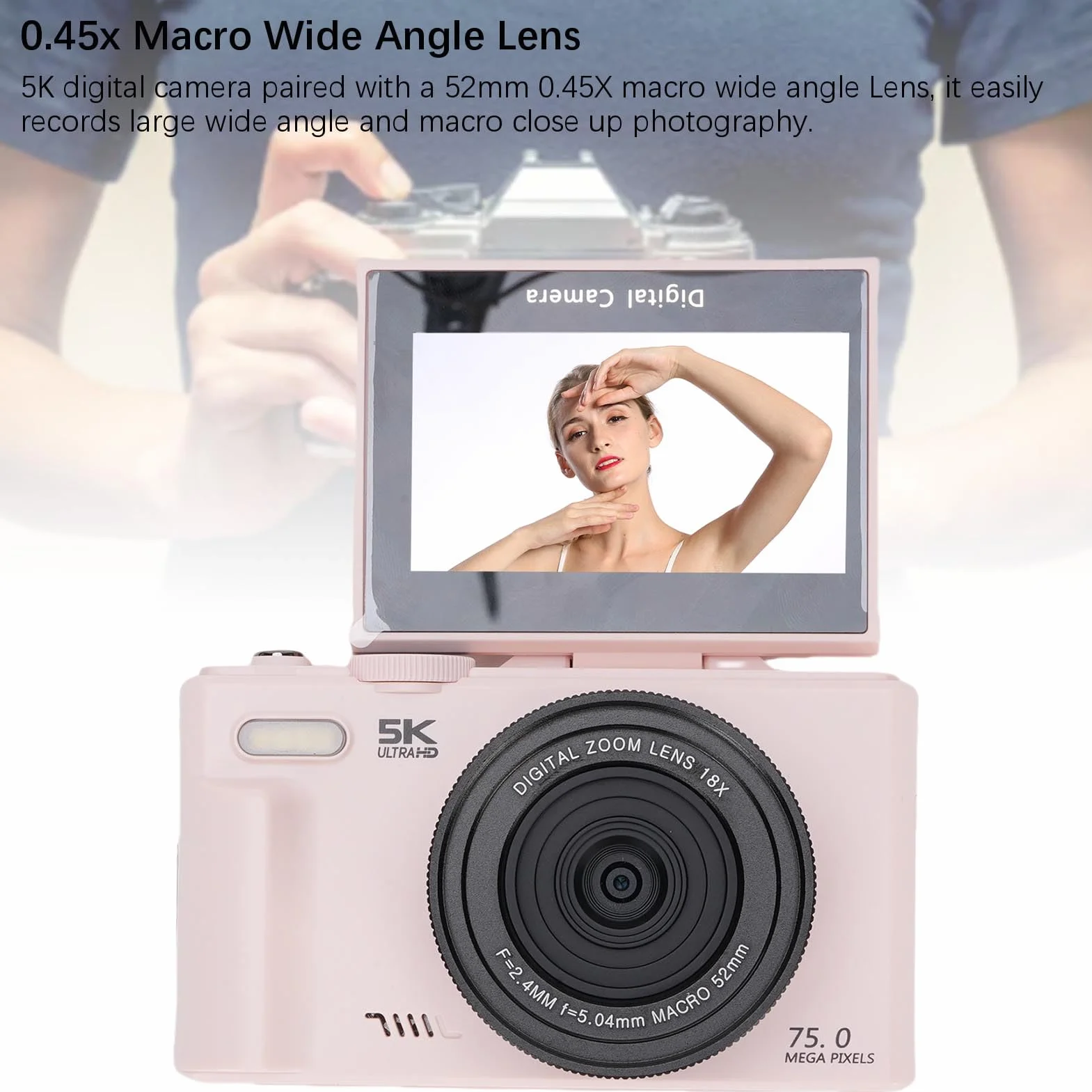 Dpofirs Kamera Cyfrowa 5K do Fotografii, 75MP Autofocus Vlog Camera, 18x Zoom, 3 -calowy Ekran o 180 Stopni, Kompaktowe Wideo, dla Początkujących Nastolatków