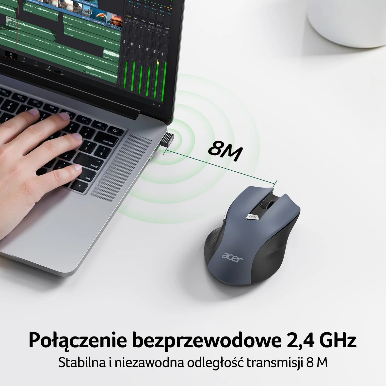 Acer Mysz Bezprzewodowa, 3 Poziomy DPI, Ergonomiczna Mysz Komputerowa 2,4 GHz z Odbiornikiem USB, 6 Przycisków, Śledzenie Optyczne, Wskaźnik Baterii, Przenośna do Laptopa, Komputera, PC, Desktop, Mac