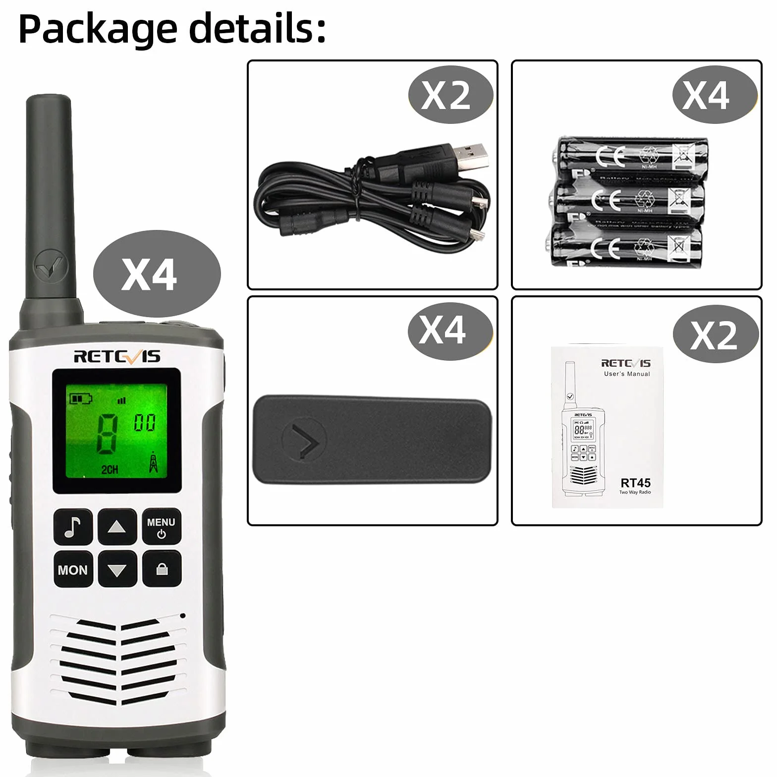 Retevis RT45 Walkie Talkie, Licencja PMR446 Bez Licencji 16 Kanałów, Zestaw Głośnomówiący VOX, Latarka LED, 10 Tonów Połączeń, Akumulator Walkie Talkie,Ratować, Nagły Wypadek (Srebrny, 4 Sztuki)