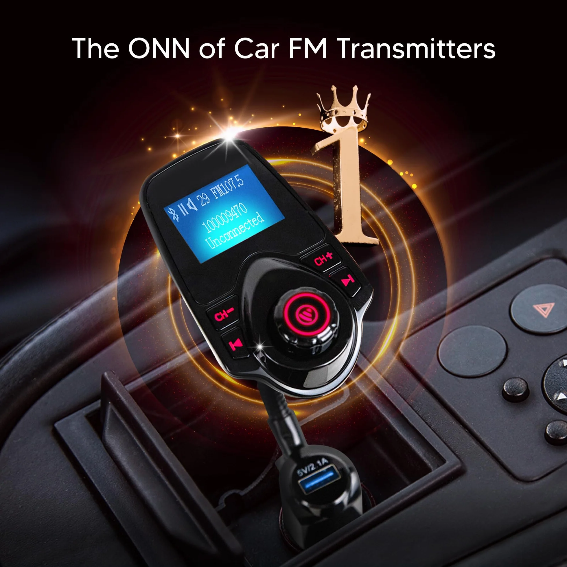 ONN Upgraded 2025 Car Bluetooth FM Transmitter – 1.44" Display, Flexible Gooseneck, Hands-Free Calls, Wireless Music Player, Radio Adapter, USB Charger, Micro SD Card & AUX Support